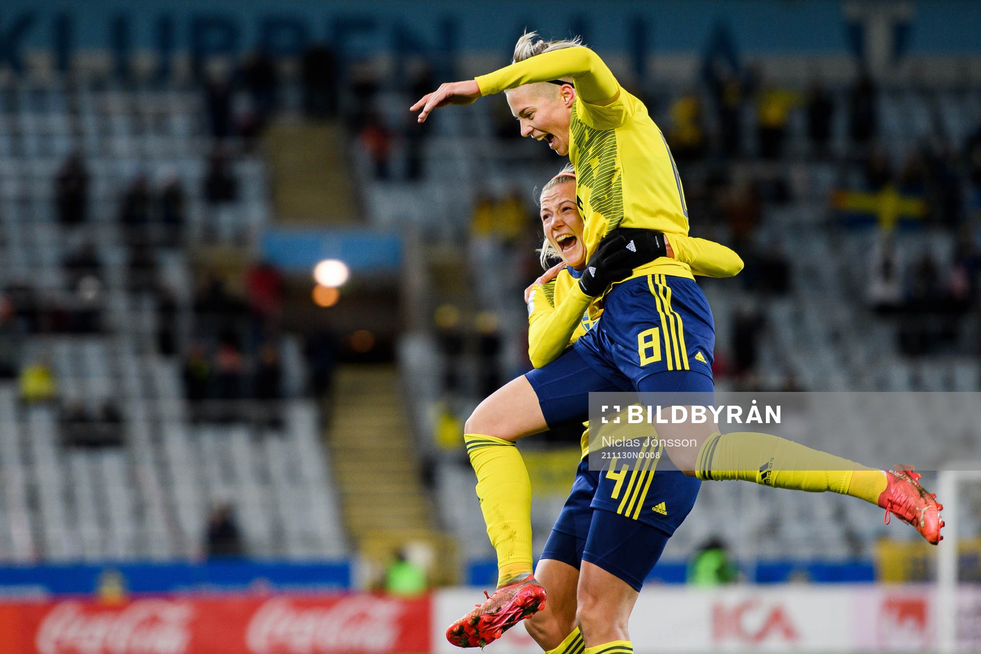 Hanna Glas and Lina Hurtig of Sweden celebrate the 1-0 goal