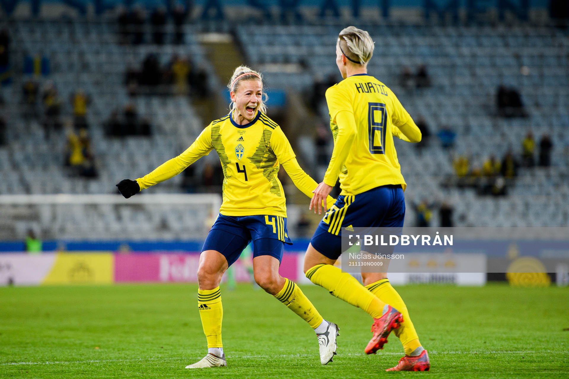 Hanna Glas and Lina Hurtig of Sweden celebrate the 1-0 goal