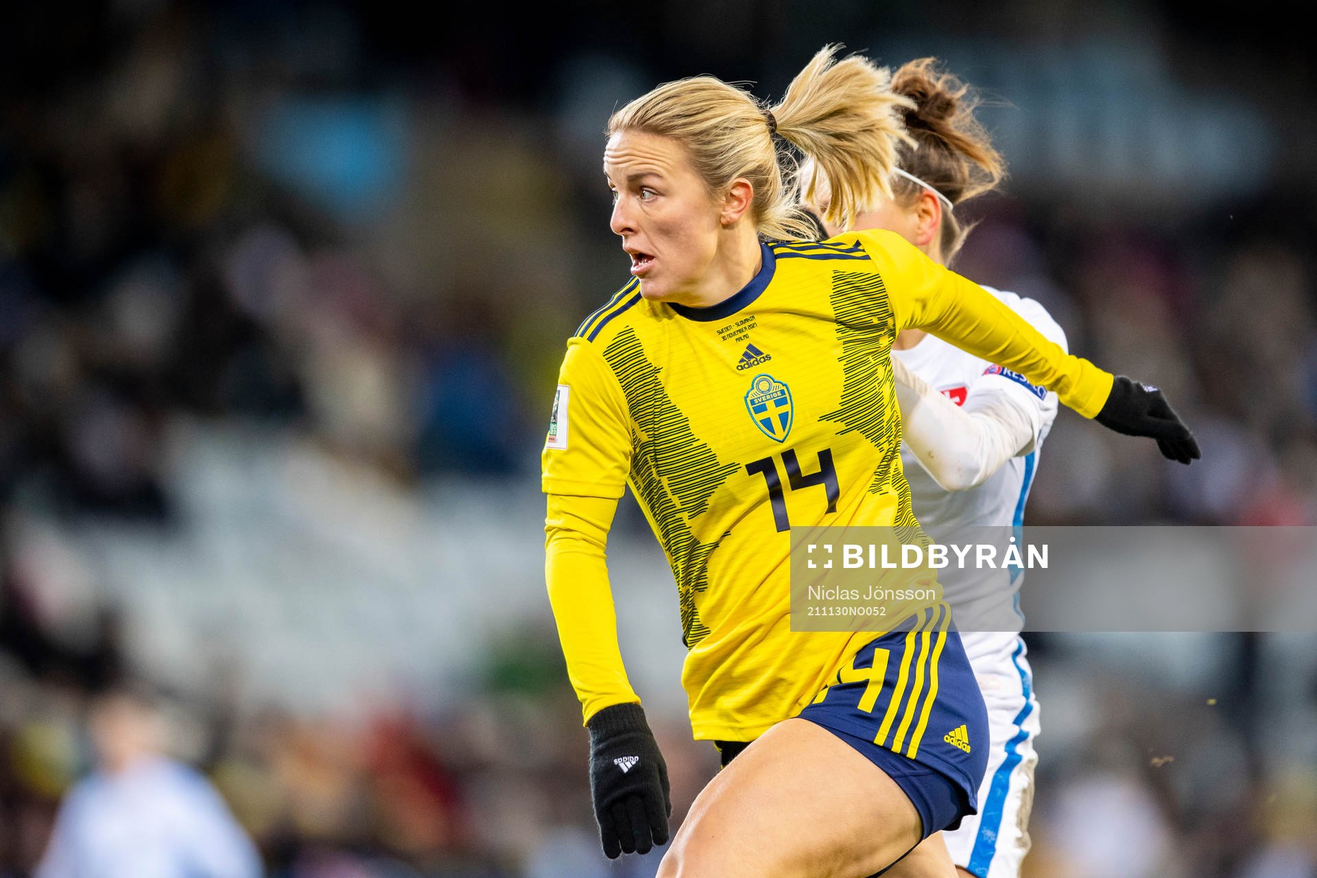 Mimmi Larsson of Sweden during the FIFA Women's World Cup qualifying football match between Sweden and Slovakia on November 30, 2021 in Malmö.