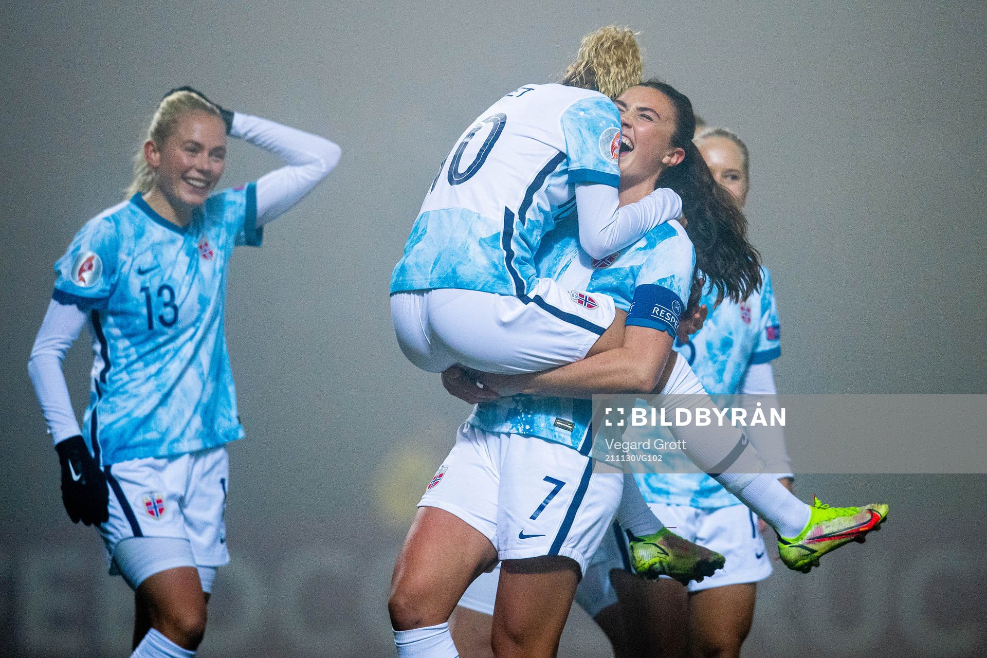 Celin Bizet Ildhusøy of Norway celebrates with teammate