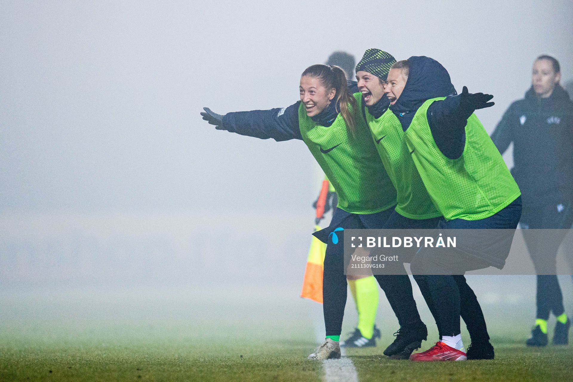Goalkeeper Cecilie Fiskerstrand, Tuva Hansen and Synne Skinnes Hansen celebrate the 0-8 goal during the FIFA Women's World Cup Qualifier football match between Armenia and Norway on November 30, 2021 in Yerevan.