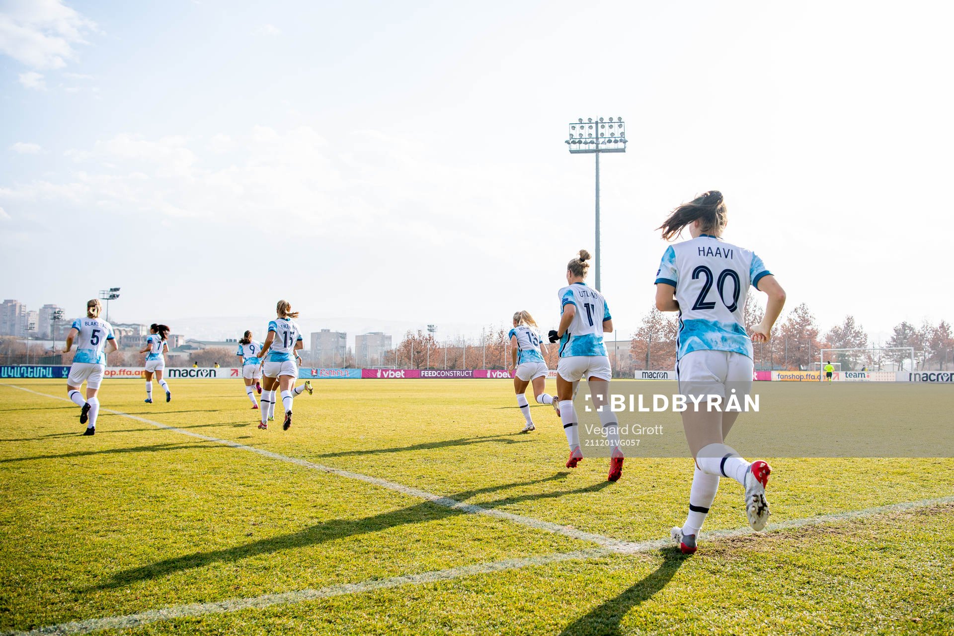 Emilie Bosshard Haavi and the players of Norway enter the pitch ahead of the FIFA Women's World Cup Qualifier football match between Armenia and Norway on December 1, 2021 in Yerevan.