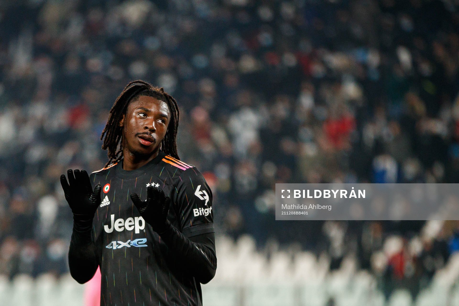 Moise Kean of Juventus celebrates the 1-0 goal during the UEFA Champions League football match between Juventus and Malmö FF on December 8, 2021 in Turin.