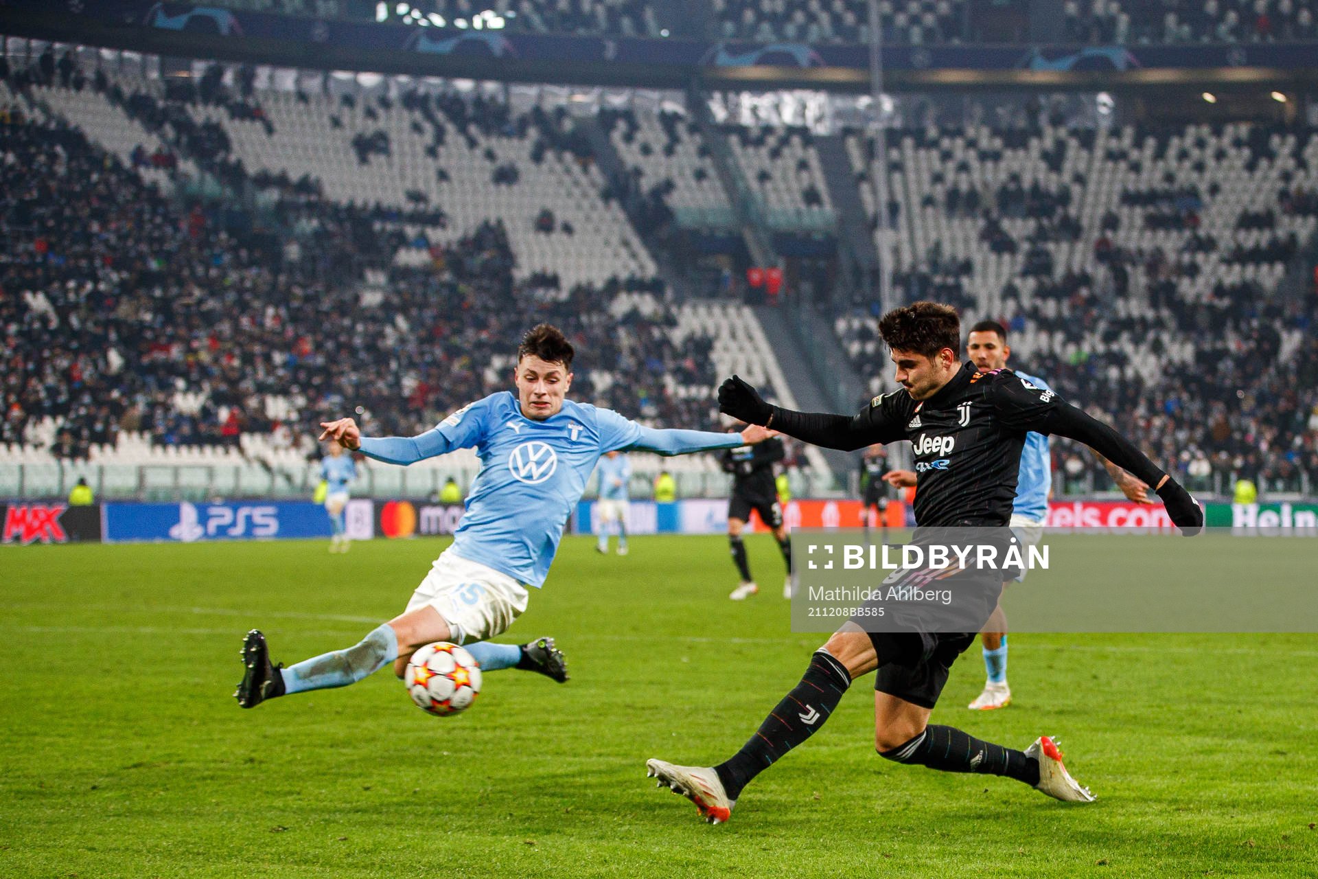Anel Ahmedhodzic of Malmö FF and Alvaro Morata of Juventus during the UEFA Champions League football match between Juventus and Malmö FF on December 8, 2021 in Turin.
