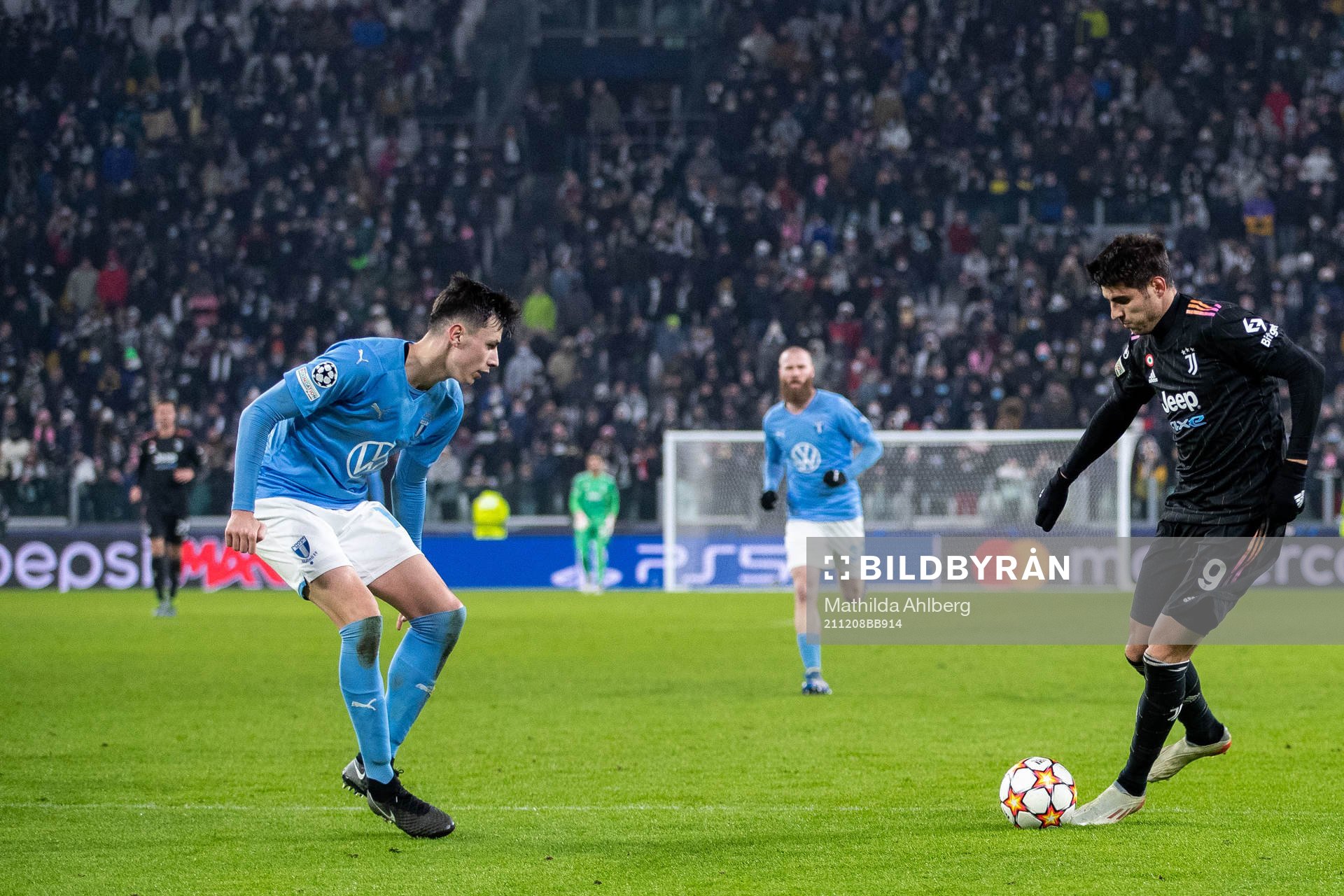 Anel Ahmedhodzic of Malmö FF and Alvaro Morata of Juventus during the UEFA Champions League football match between Juventus and Malmö FF on December 8, 2021 in Turin.