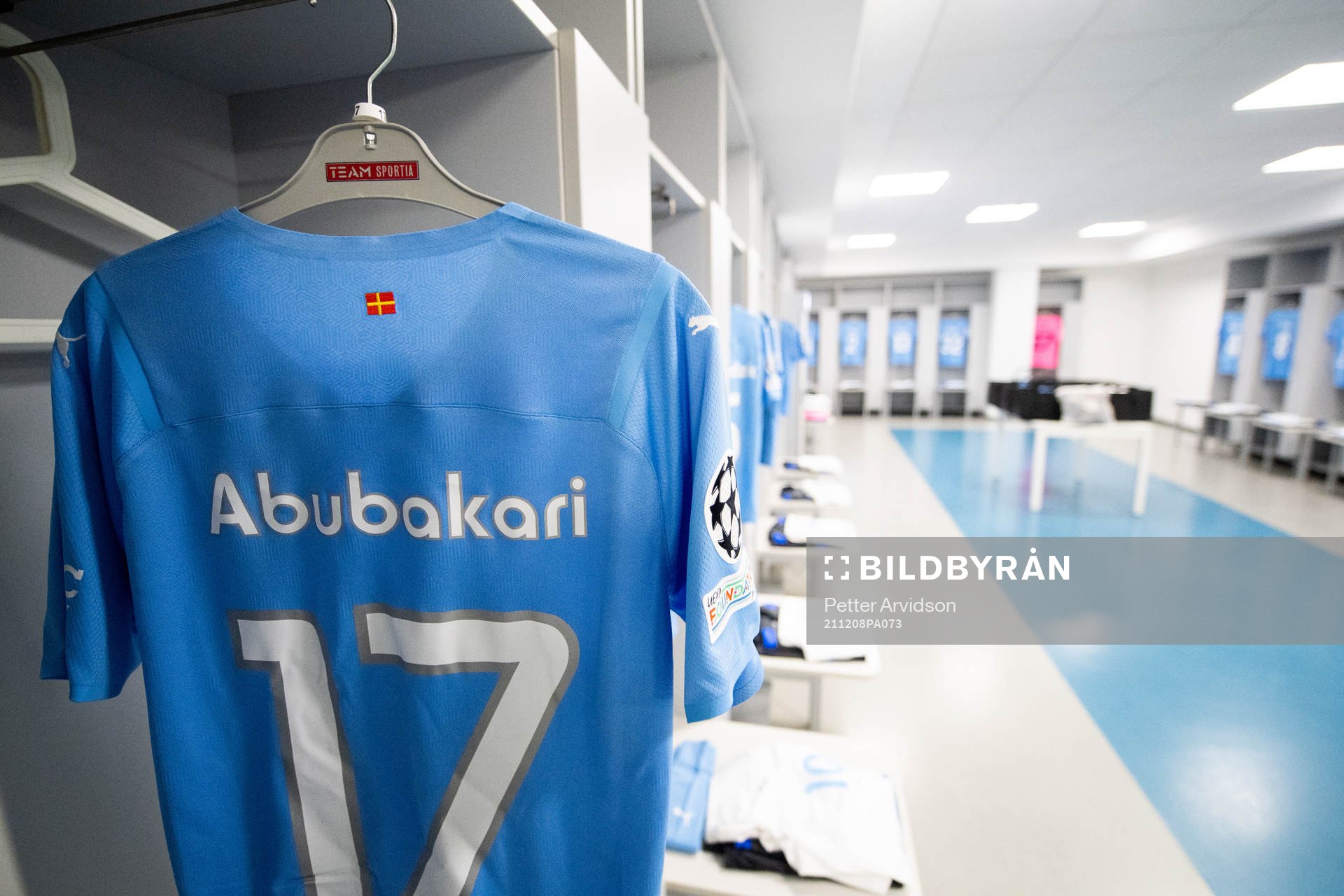The kit of Malik Abubakari of Malmö FF in the dressing room