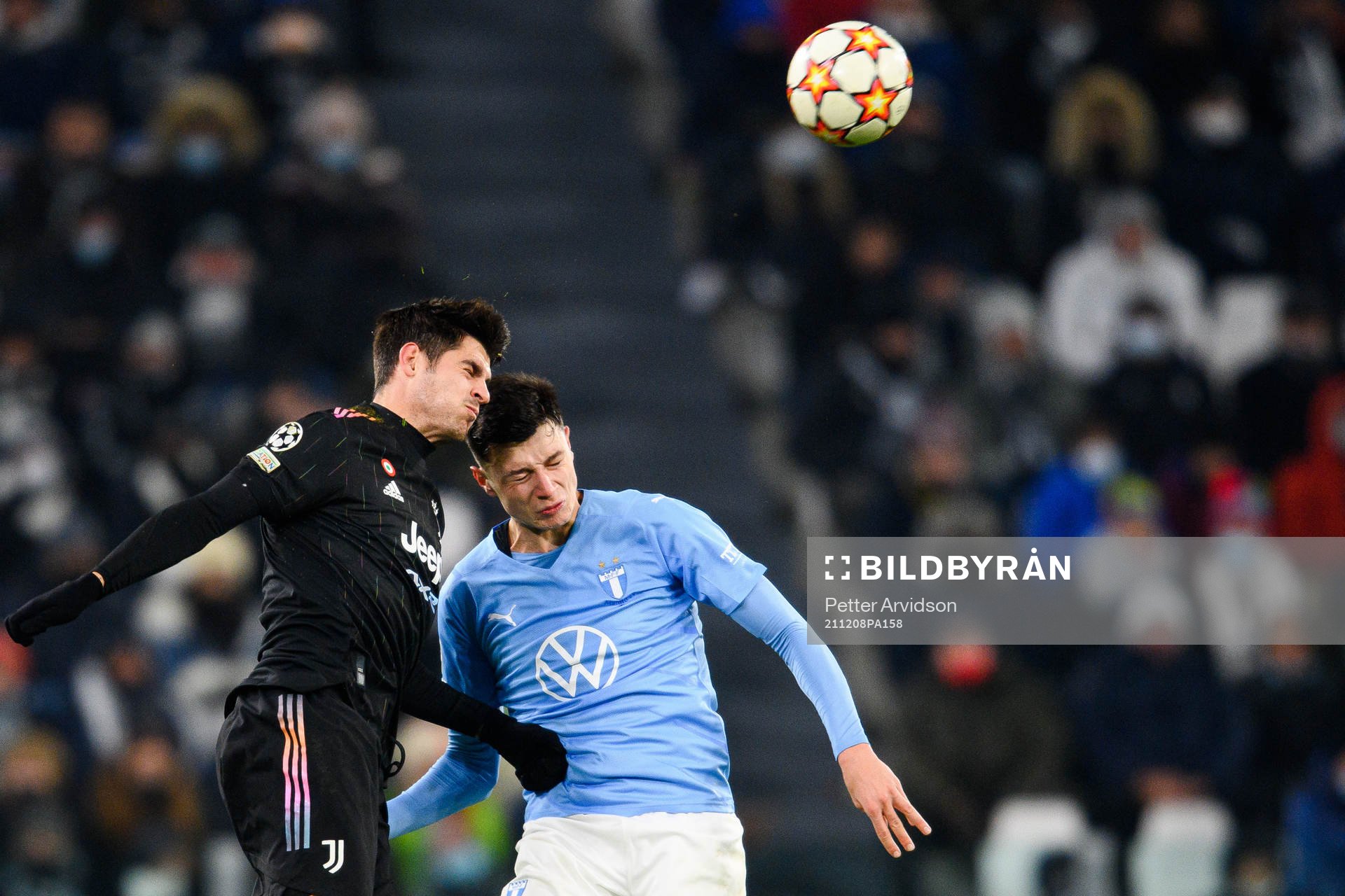 Alvaro Morata of Juventus and Anel Ahmedhodzic of Malmö FF during the UEFA Champions League football match between Juventus and Malmö FF on December 8, 2021 in Turin.