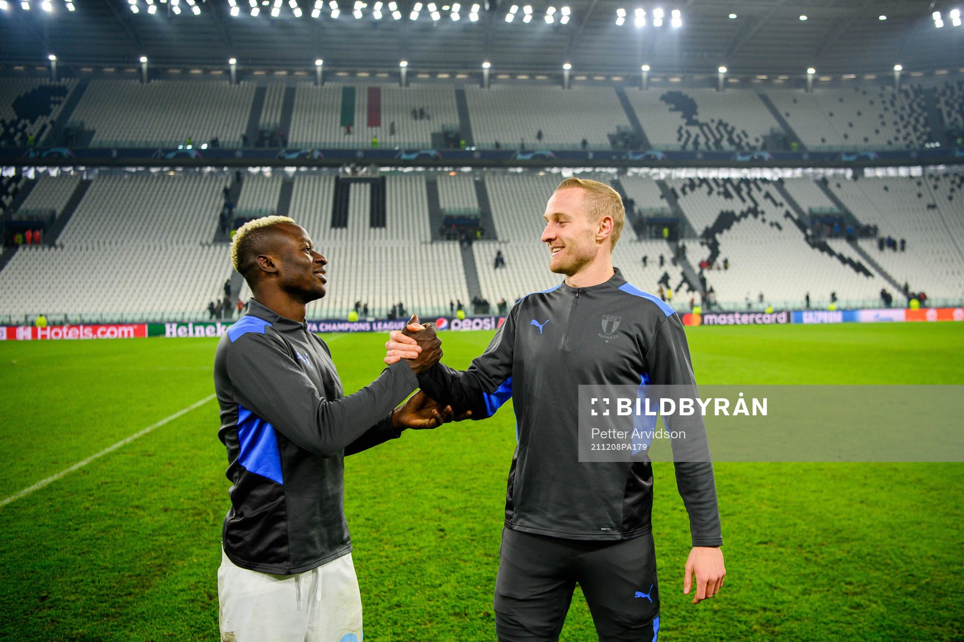 Bonke Innocent and Franz Brorsson of Malmö FF after the UEFA Champions League football match between Juventus and Malmö FF on December 8, 2021 in Turin.
