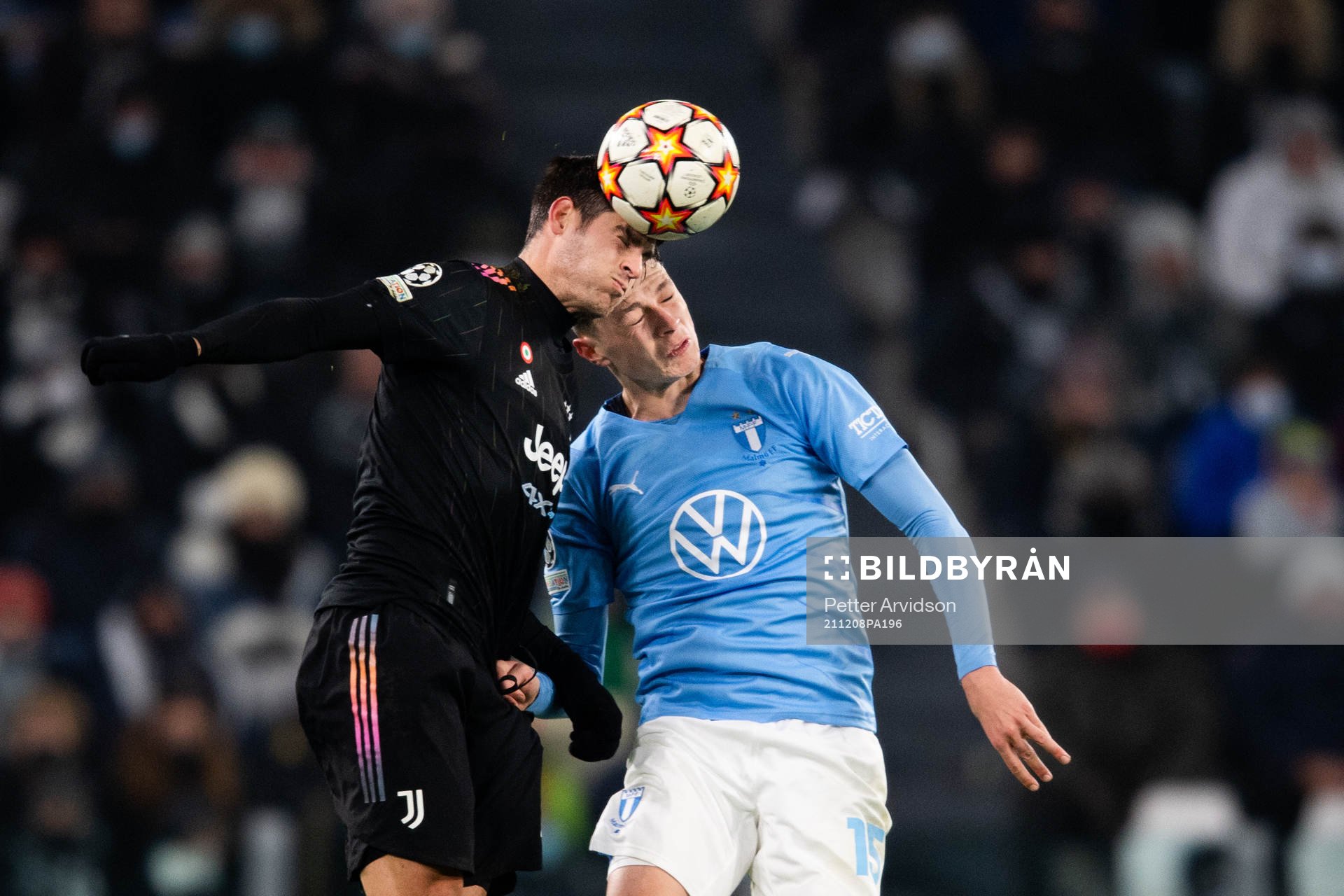 Alvaro Morata of Juventus and Anel Ahmedhodzic of Malmö FF during the UEFA Champions League football match between Juventus and Malmö FF on December 8, 2021 in Turin.