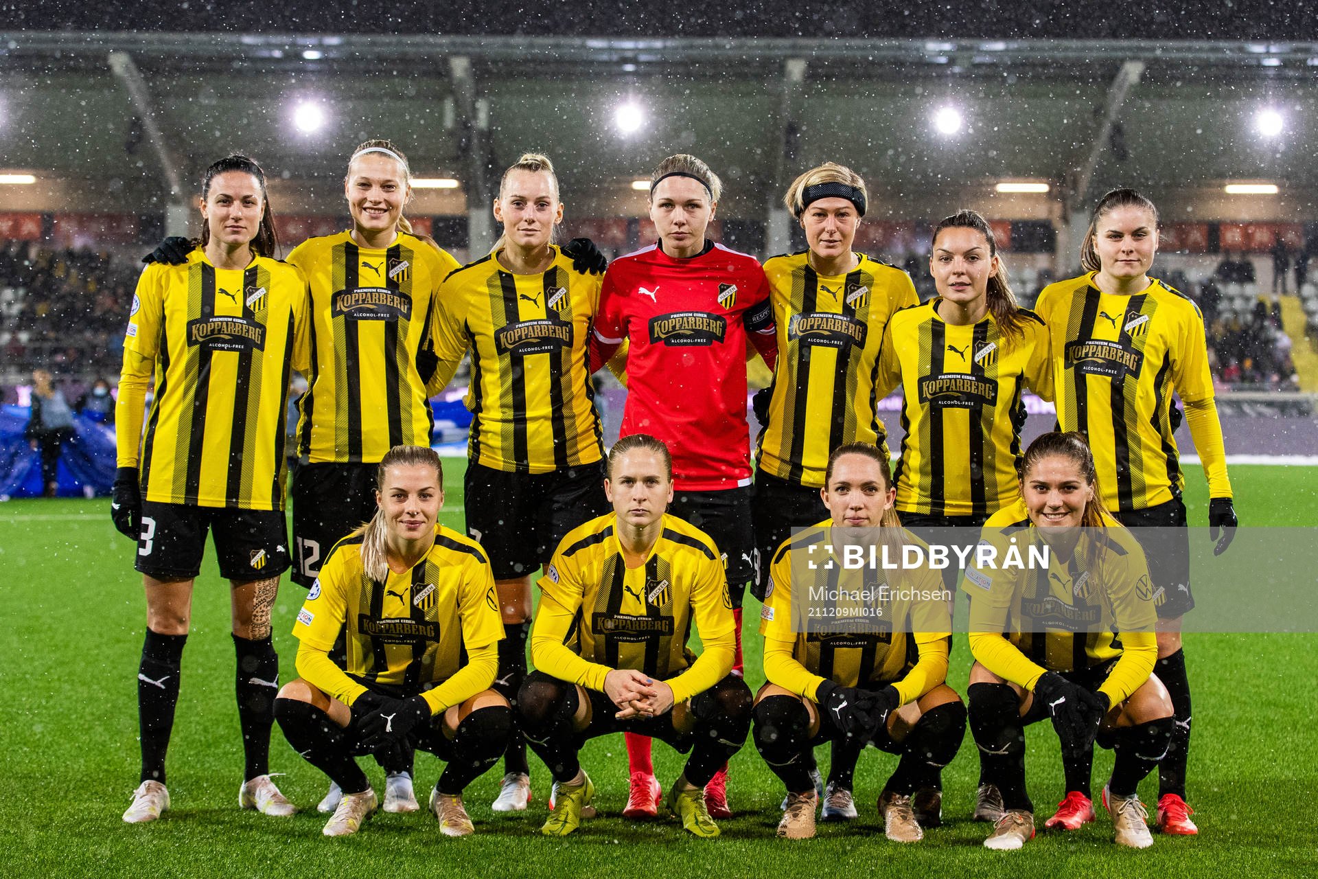 The starting eleven of Häcken ahead of the UEFA Women's Champions League football match between Häcken and Bayern Munich on December 9, 2021 in Göteborg. Top row from the left: Beata Kollmats, Stine Larsen, Stina Blackstenius, goalkeeper Jennifer Falk, Luna Nörgaard Gevitz, Johanna Rytting Kaneryd and Hanna Wijk. Bottom row from the left: Lotta Ökvist, Filippa Curmark, Elin Rubensson and Mille Gejl Jensen