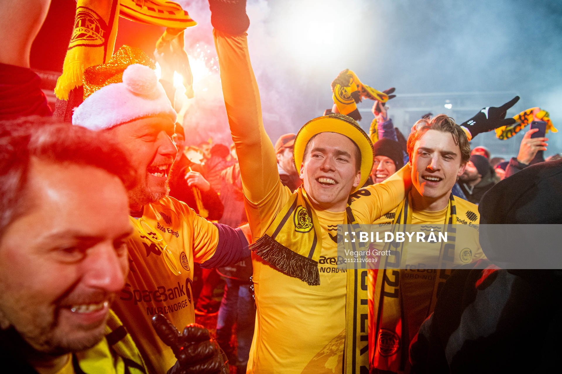 Morten Konradsen and Marius Høibråten of Bodø/Glimt celebrate winning the league after the Eliteserien football match between Mjøndalen and Bodø/Glimt on December 12, 2021 in Mjøndalen.
