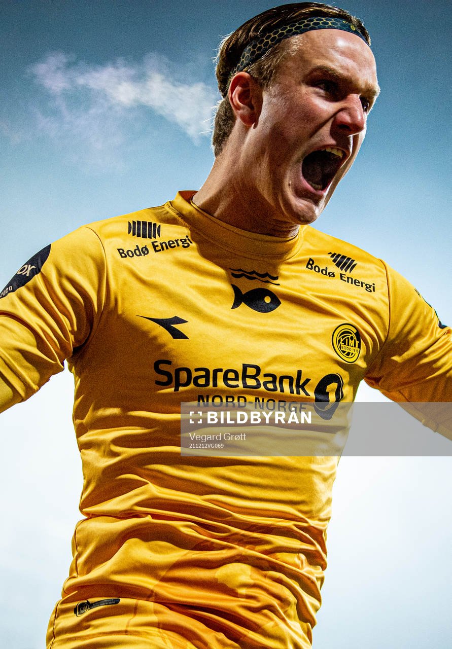Erik Botheim of Bodø/Glimt celebrates after scoring the 0-1 goal during the Eliteserien football match between Mjøndalen and Bodø/Glimt on December 12, 2021 in Mjøndalen. 