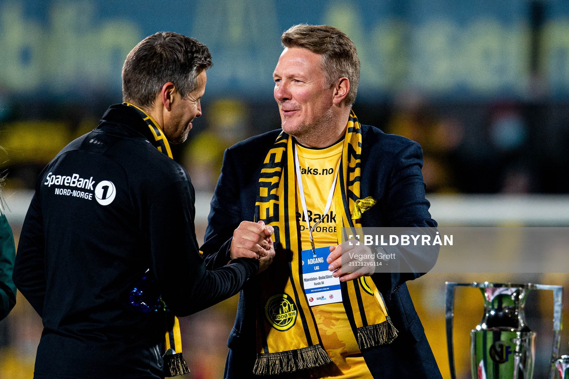 Kjetil Knutsen, head coach, and Inge Henning Andersen, chairman of Bodø/Glimt, after winning the league during the Eliteserien football match between Mjøndalen and Bodø/Glimt on December 12, 2021 in Mjøndalen.