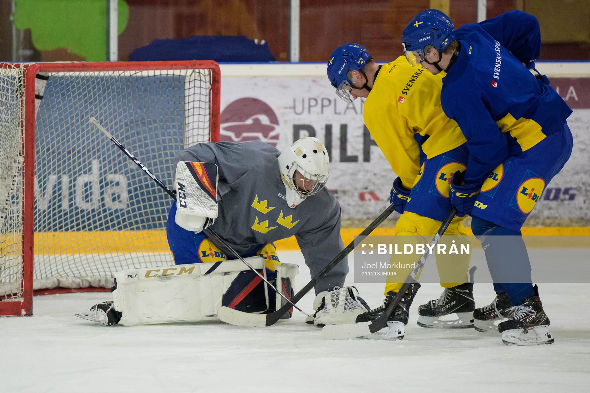 Goaltender Carl Lindbom, Oskar Magnusson and Elias Stenman