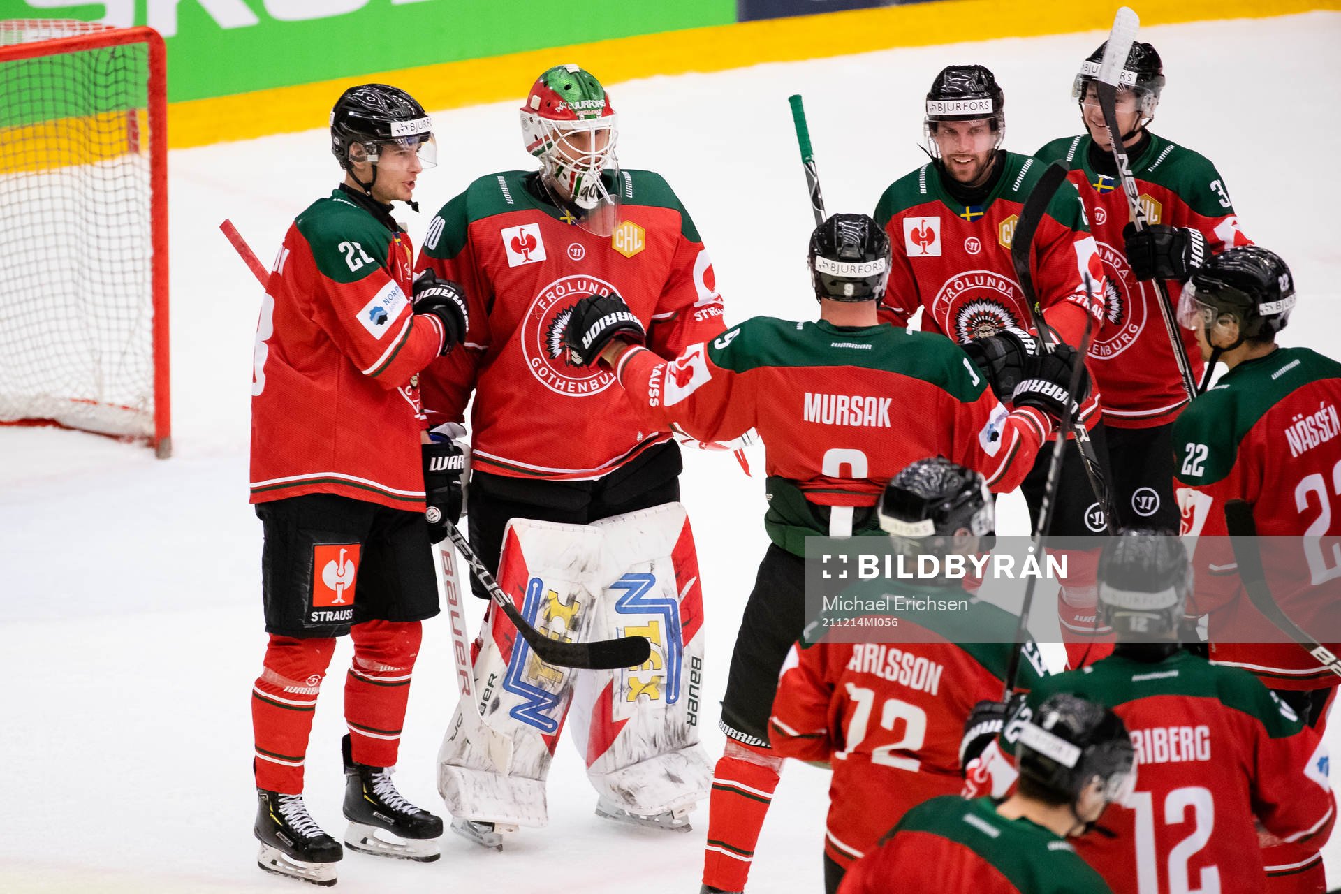 Goalkeeper Matthew Tomkins of Frölunda celebrates with