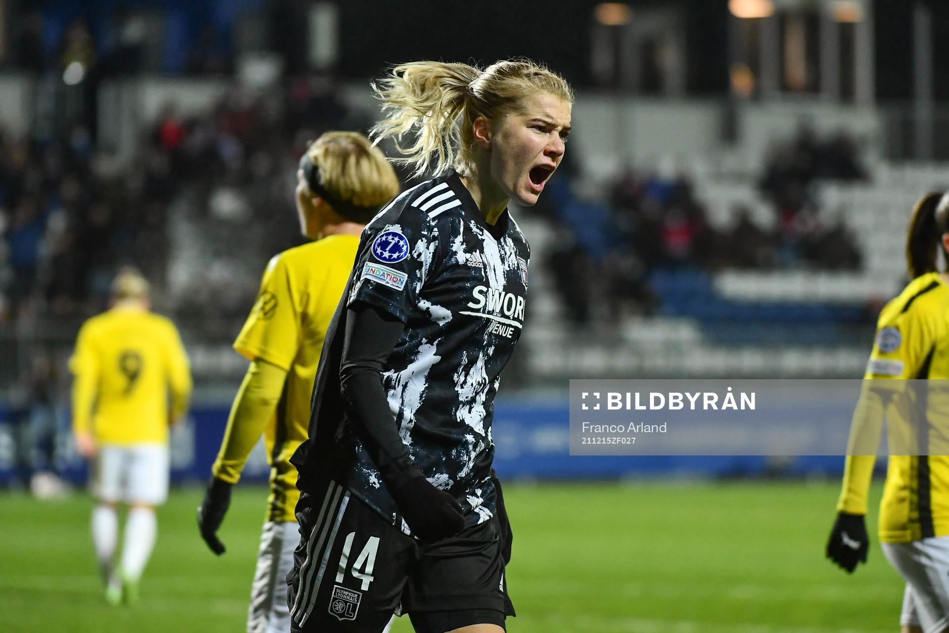 Ada HEGERBERG of Lyon celebrates during the UEFA Women's Champions League match between Lyon and Häcken on December 15, 2021 in Lyon, France.