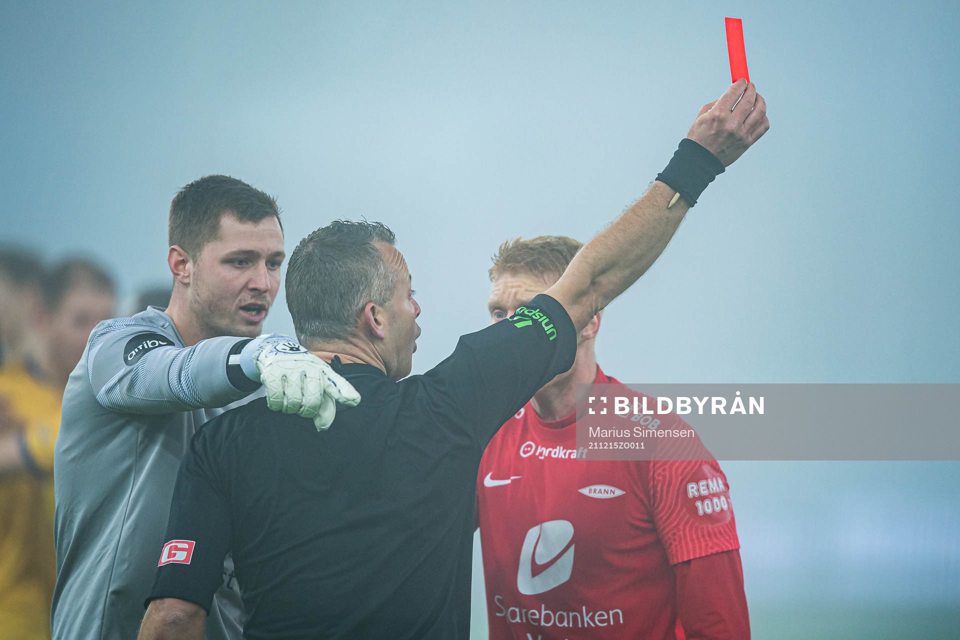 Runar Ullaland Hove of Brann (not pictured) receiving a red