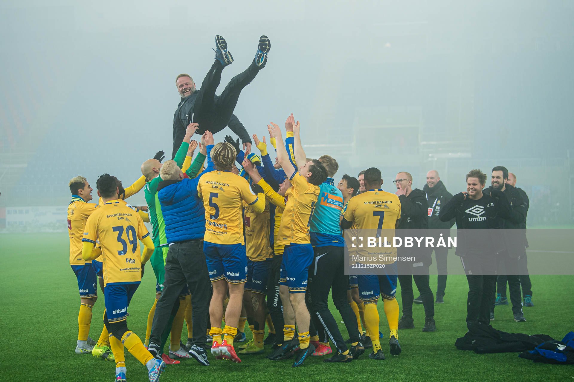 Arne Sandstø, head coach of Jerv, celebrates