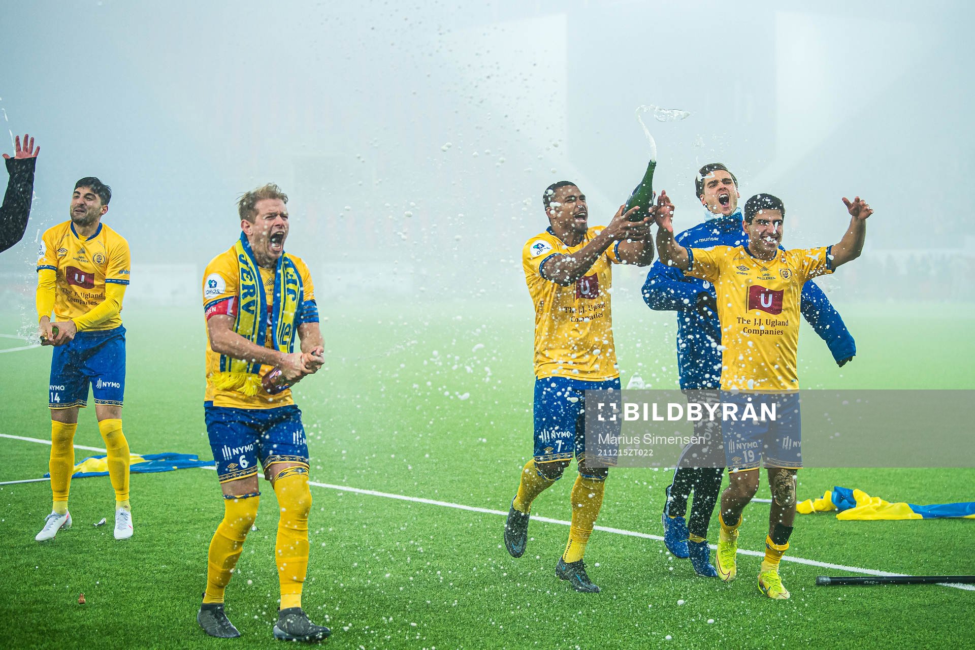Daniel Michael Rodriguez Arrocha, Mathias Wichmann Andersen, Luis Willis Alves Furtado and Iman Mafi of Jerv celebrates after the Eliteserien playoff football match between Brann and Jerv on December 15, 2021 in Oslo.