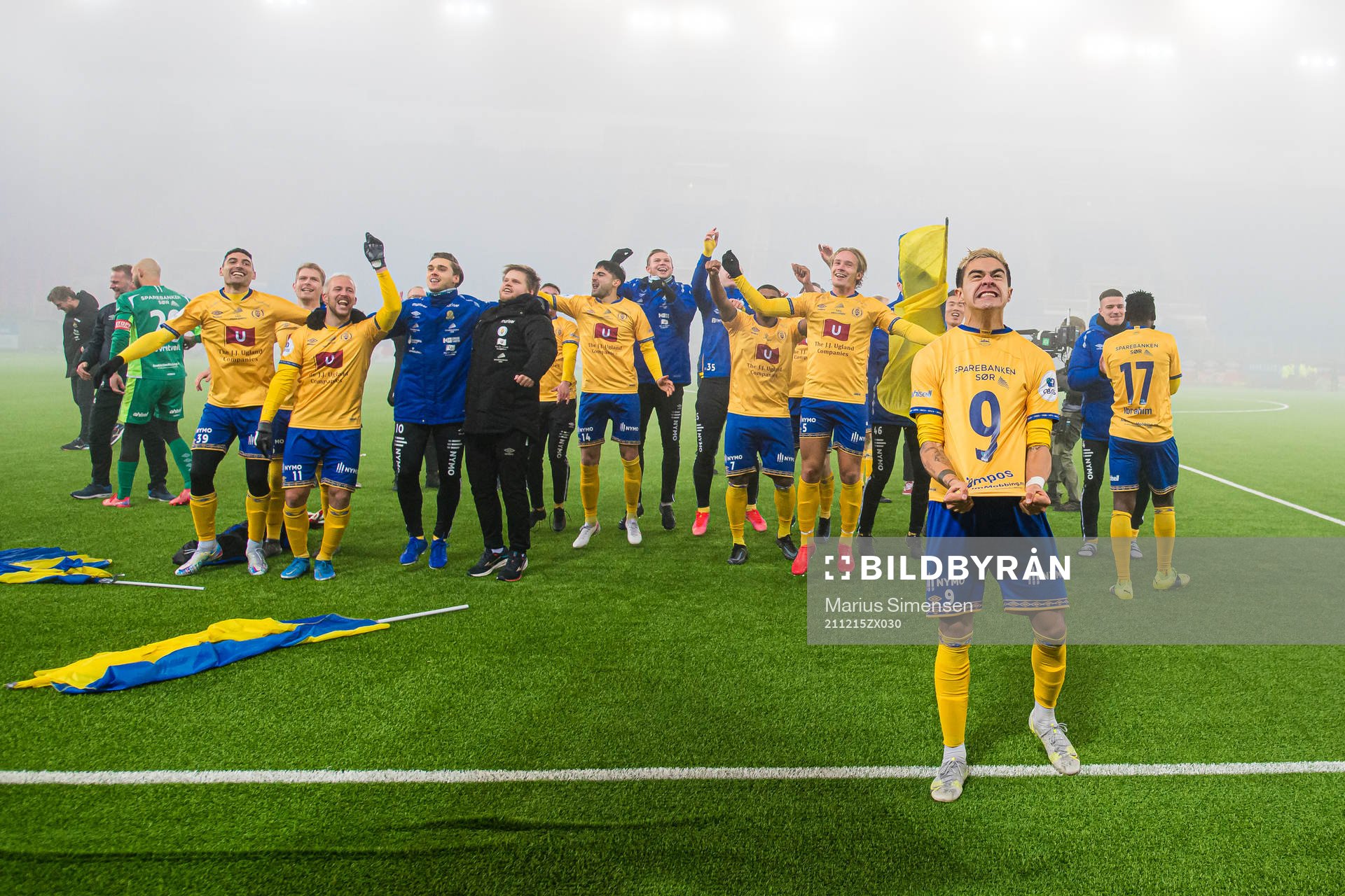 Iman Mafi, Felix Schröter, Daniel Michael Rodriguez Arrocha, Luis Willis Alves Furtado, Erik Tobias Tangen Sandberg and Diego de Jesus Campos Ballestero of Jerv celebrates after the Eliteserien playoff football match between Brann and Jerv on December 15, 2021 in Oslo.
