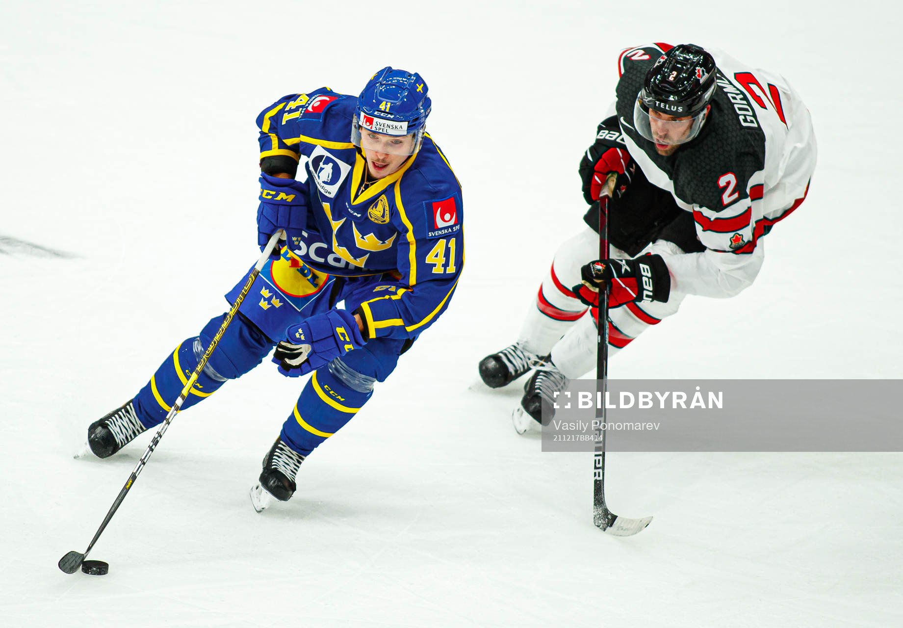 Dmytro Timashov of Sweden against Brandon Gormley of Canada