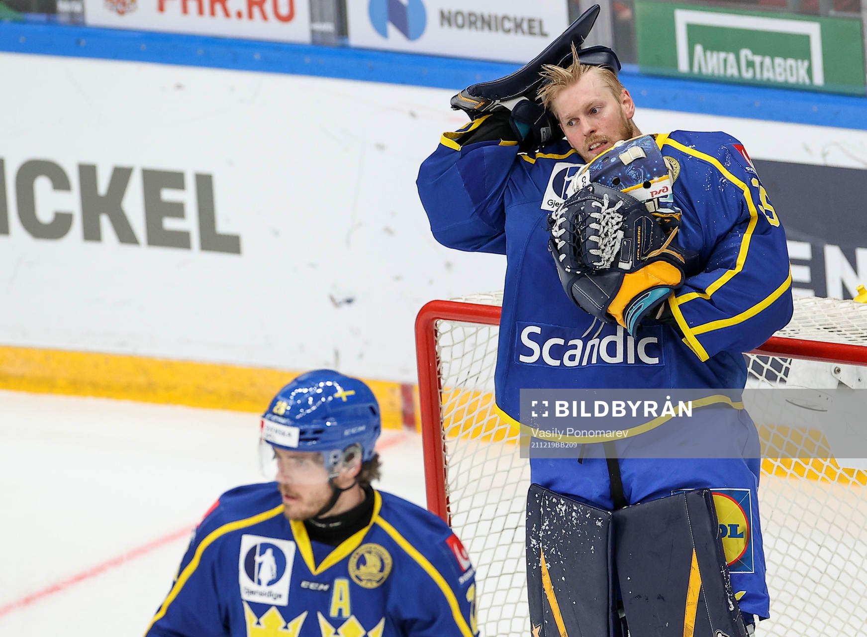 Goalkeeper Magnus Hellberg and Linus Hultström of Sweden