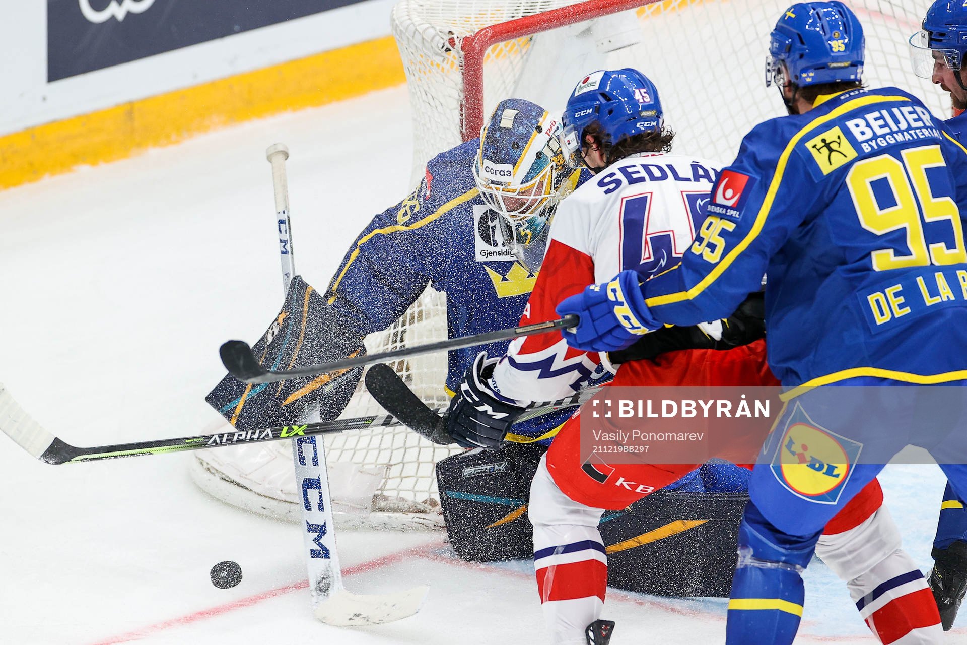 Goalkeeper Magnus Hellberg Sweden and Lukas Sedlak of Czech