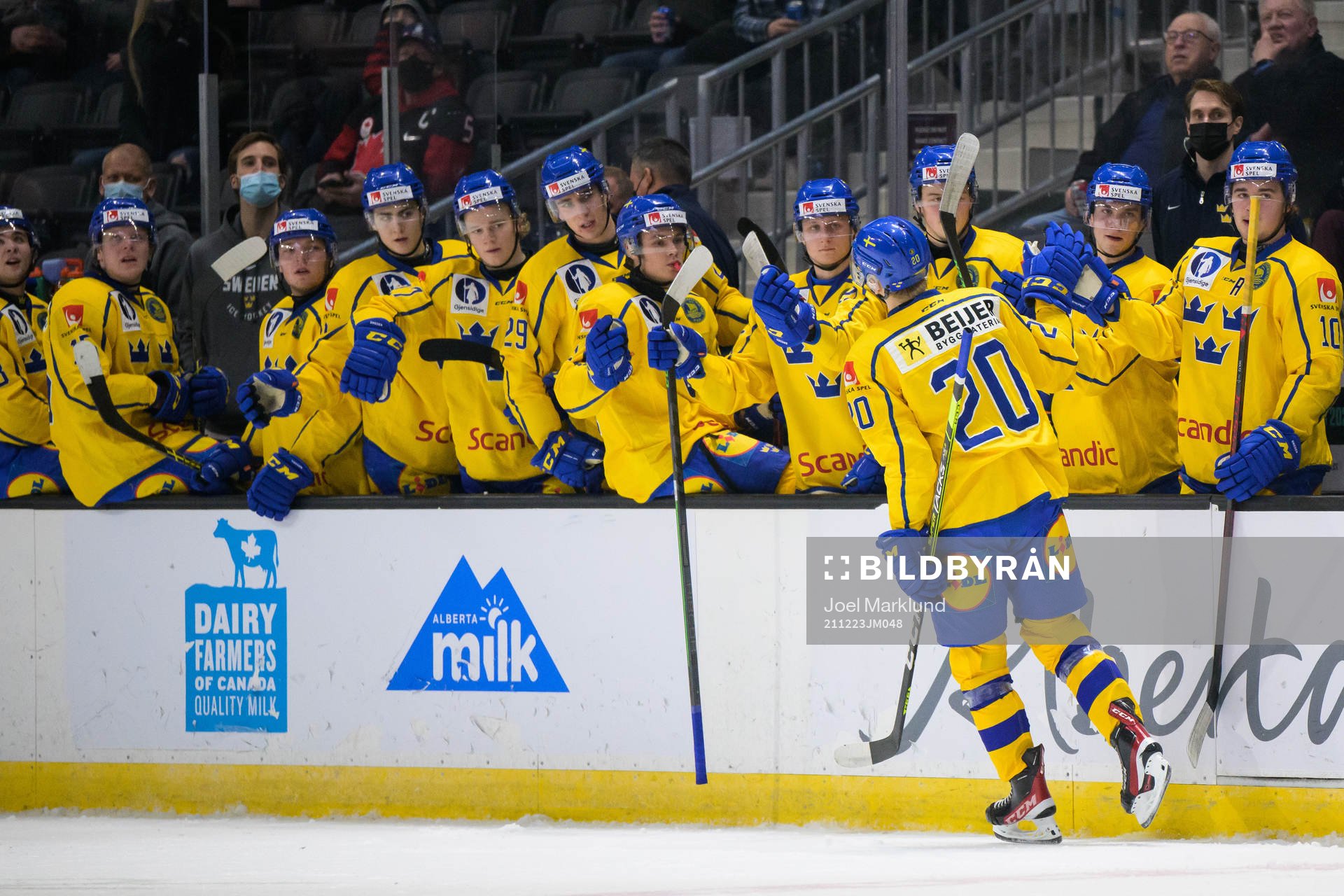 Albert Sjöberg of Sweden celebrates with teammates