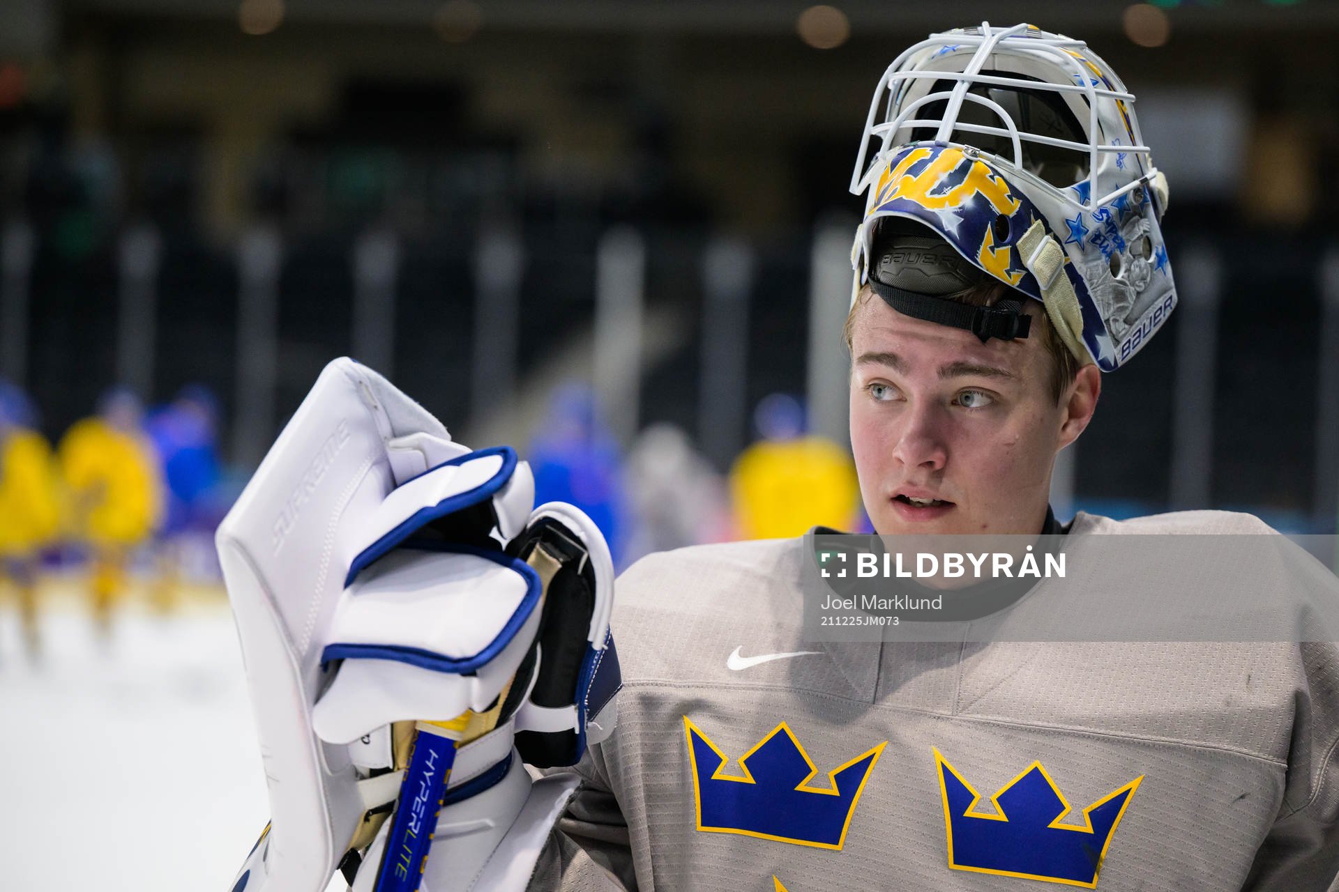 Goaltender Calle Clang of Sweden at a training session