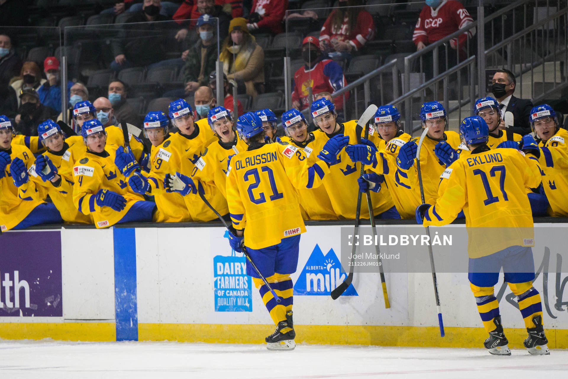Oskar Olausson of Sweden celebrates with teammates