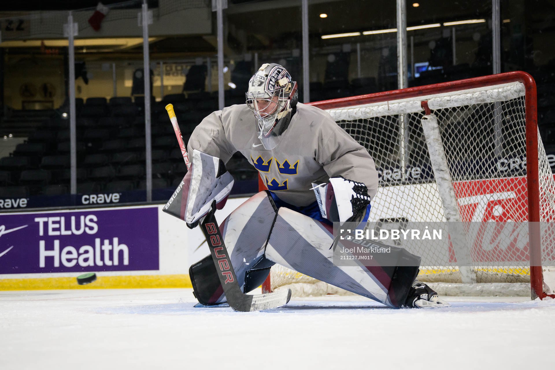 Goaltender Jesper Vikman of Sweden at a training session