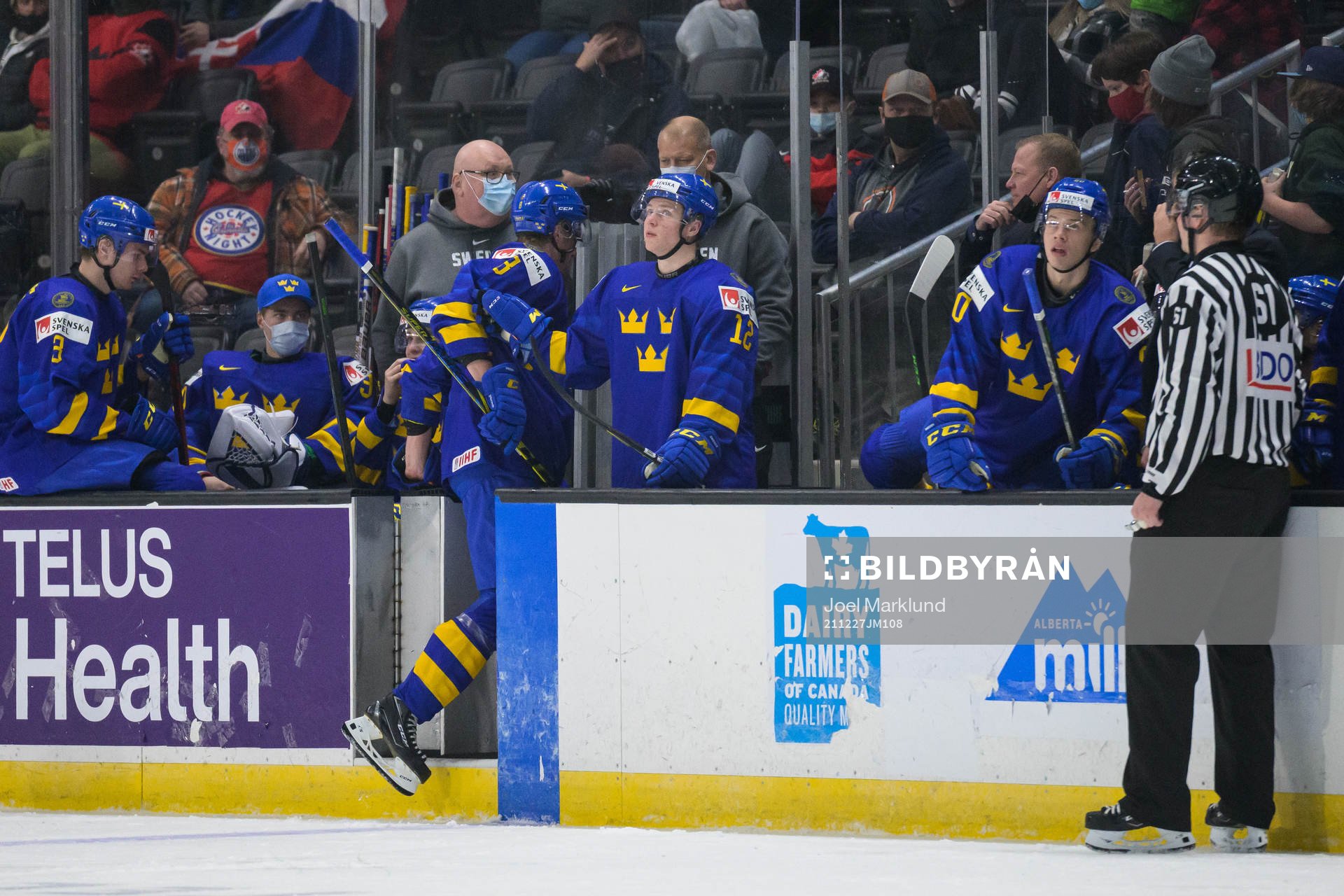Leo Lööf of Sweden leaves the ice as he gets a game