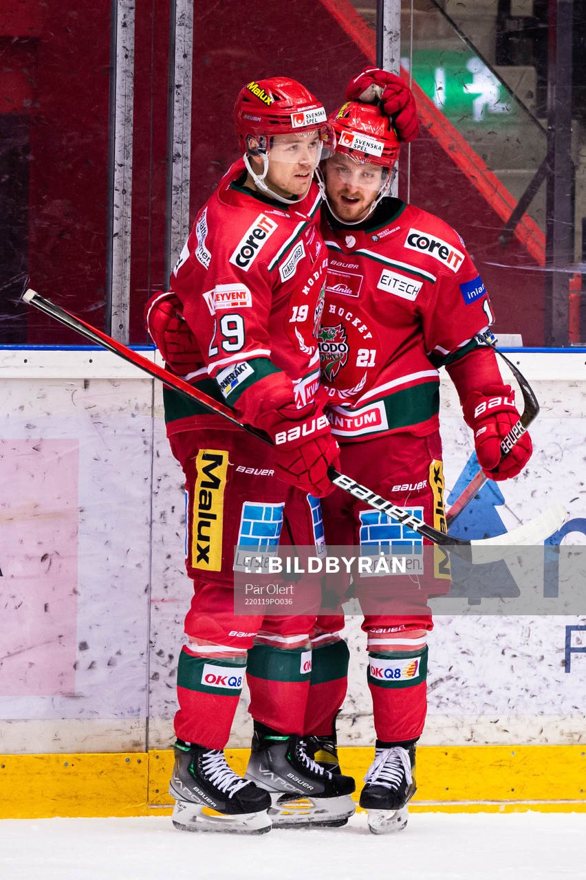 Modos Mikkel Aagaard och Riley Woods jublar