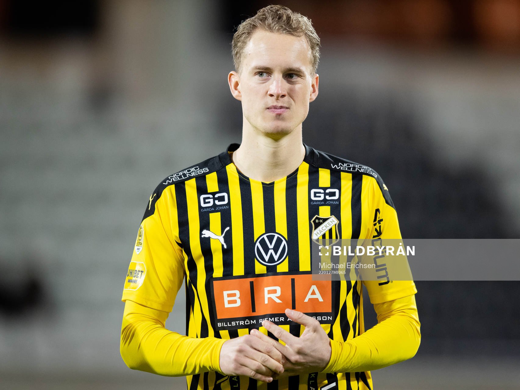 Häckens Gustav Berggren innan träningsmatchen i fotboll