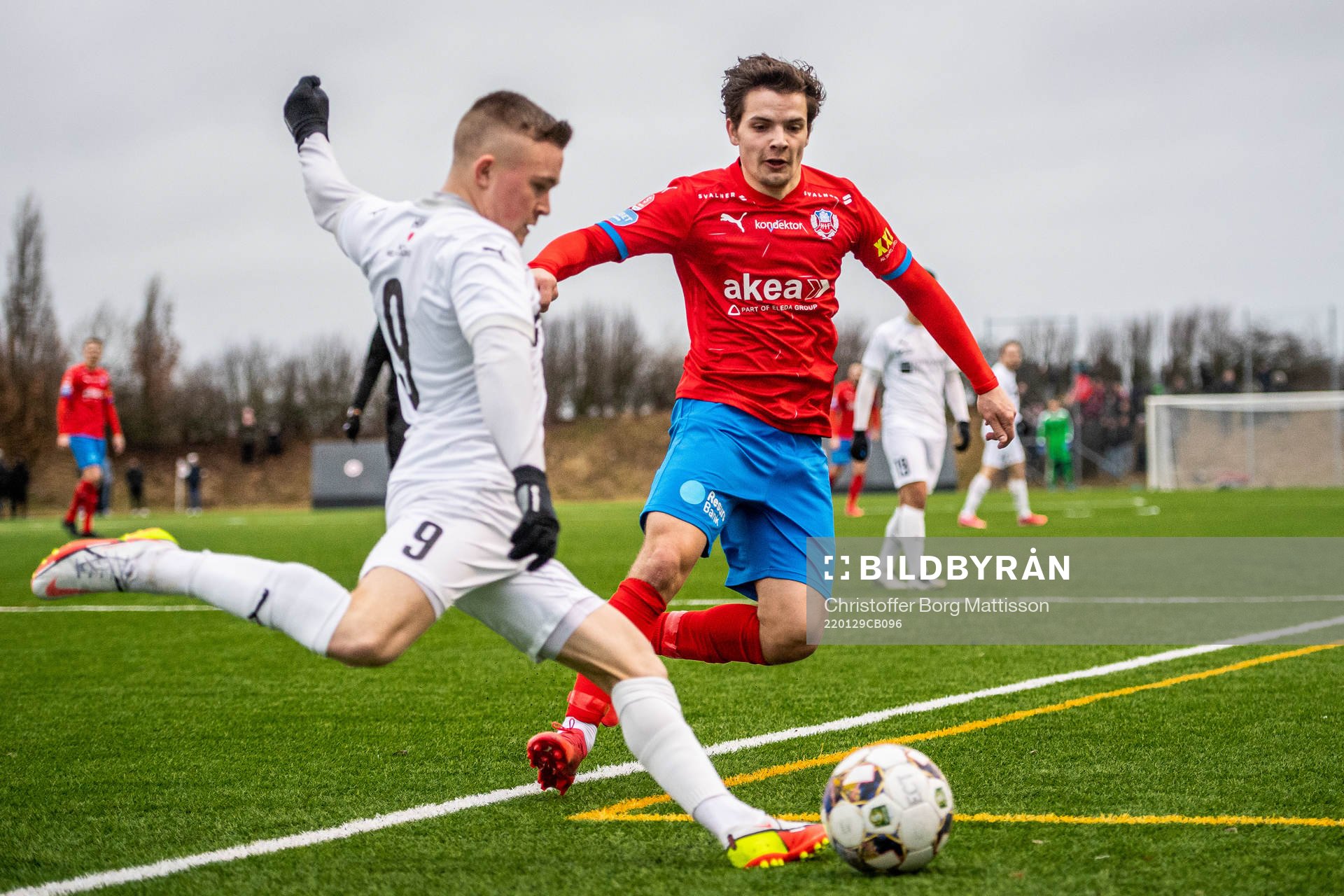 Helsingborgs Brandur Hendriksson Olsen under träningsmatchen i fotboll mellan Hittarp och Helsingborg och den 29 januari 2022 i Helsingborg.