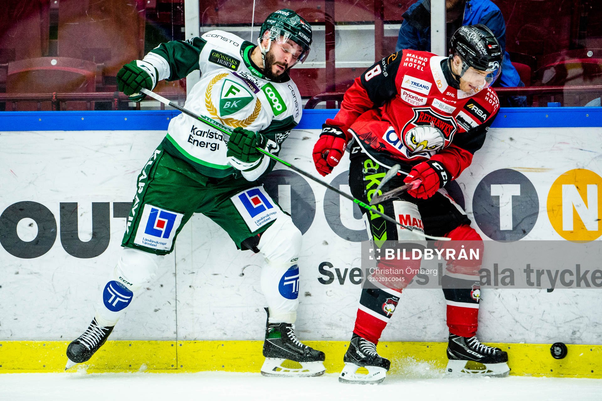 Färjestads Jesse Virtanen mot Malmö Redhawks Johan