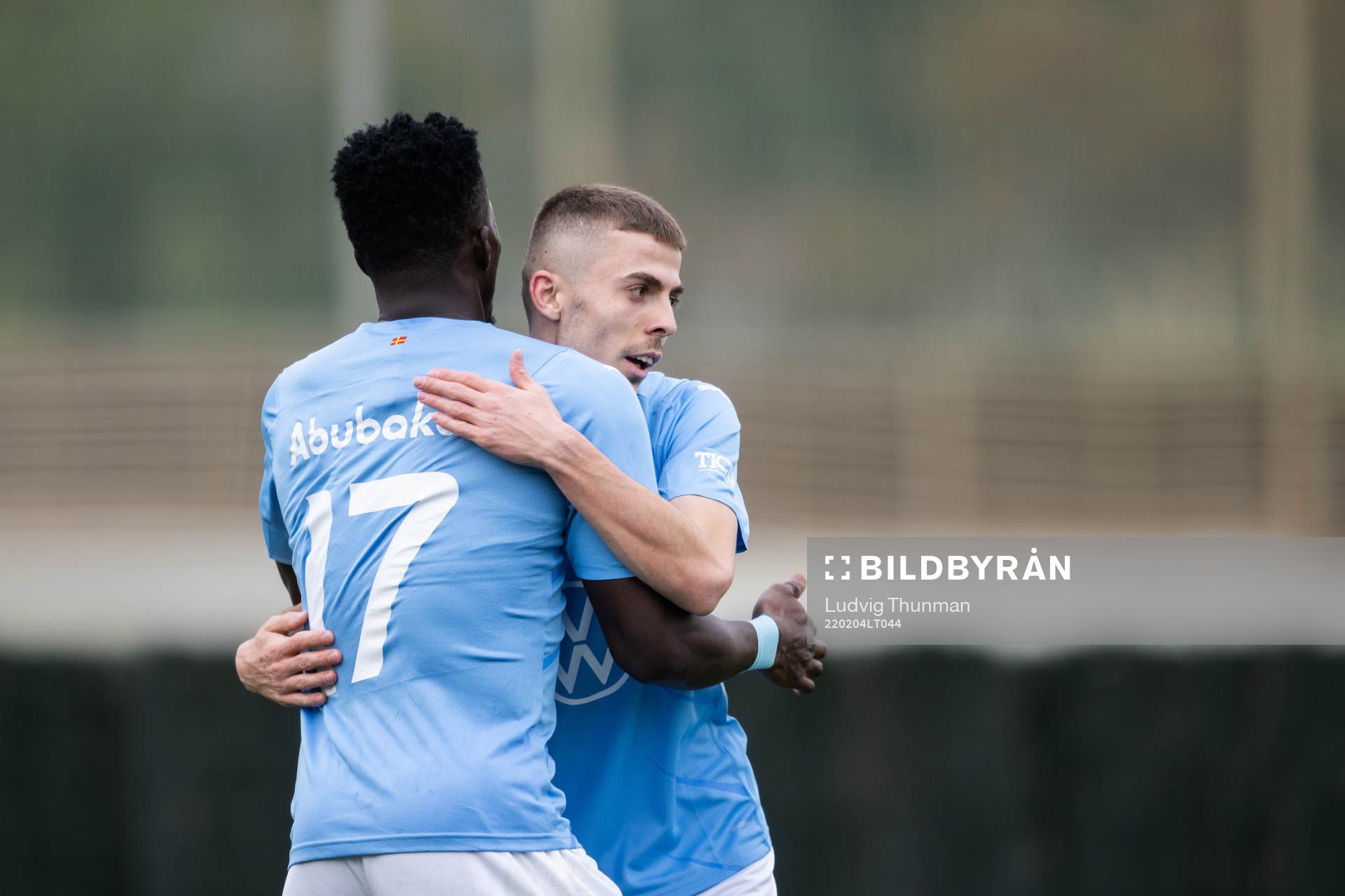 Patriot Sejdiu and Malik Abubakari celebrates after 1-1 during the friendly football match between Malmö FF and Lokomotiv Moskva on February 4, 2022 in Marbella.