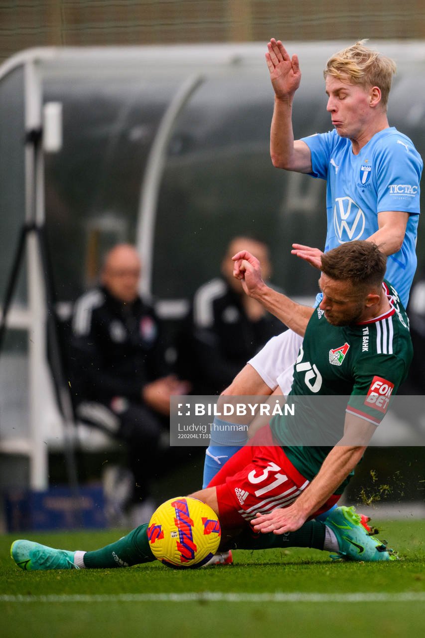 Emil Lindman of Malmö FF and Maciej Rybus of Lokomotiv Moskva during the friendly football match between Malmö FF and Lokomotiv Moskva on February 4, 2022 in Marbella.