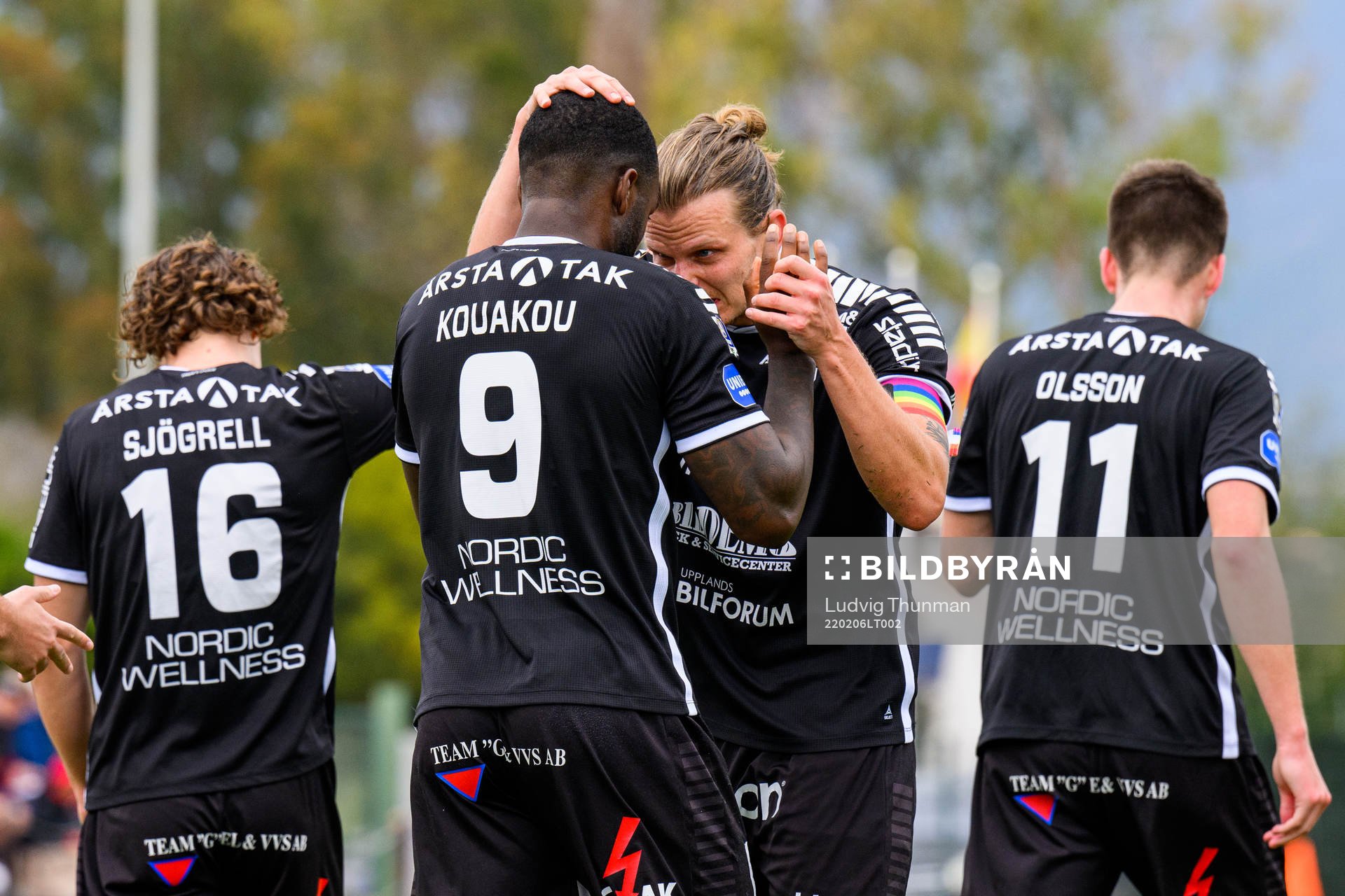Christian Kouakou of Sirius celebrates with Tim Björkström after scoring 1-1 during the friendly match between Sirius and Sarpsborg 08 on February 6, 2022 in Marbella.