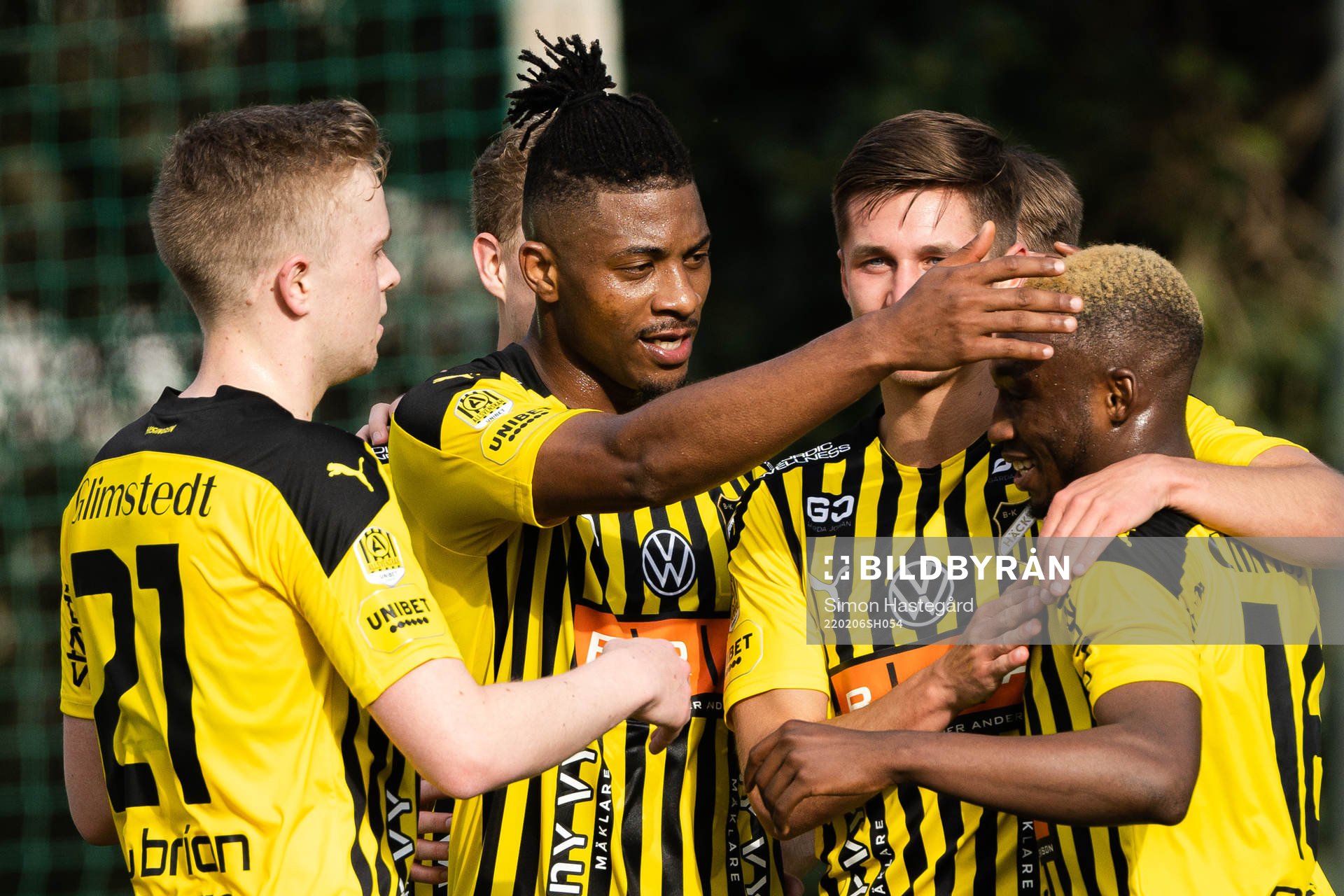 Franklin Tebo Uchenna of Häcken celebrates with Leo Bengtsson after the 1-0 goal during the Friendly match between Häcken and Krasnodar on February 6, 2022 in Marbella.