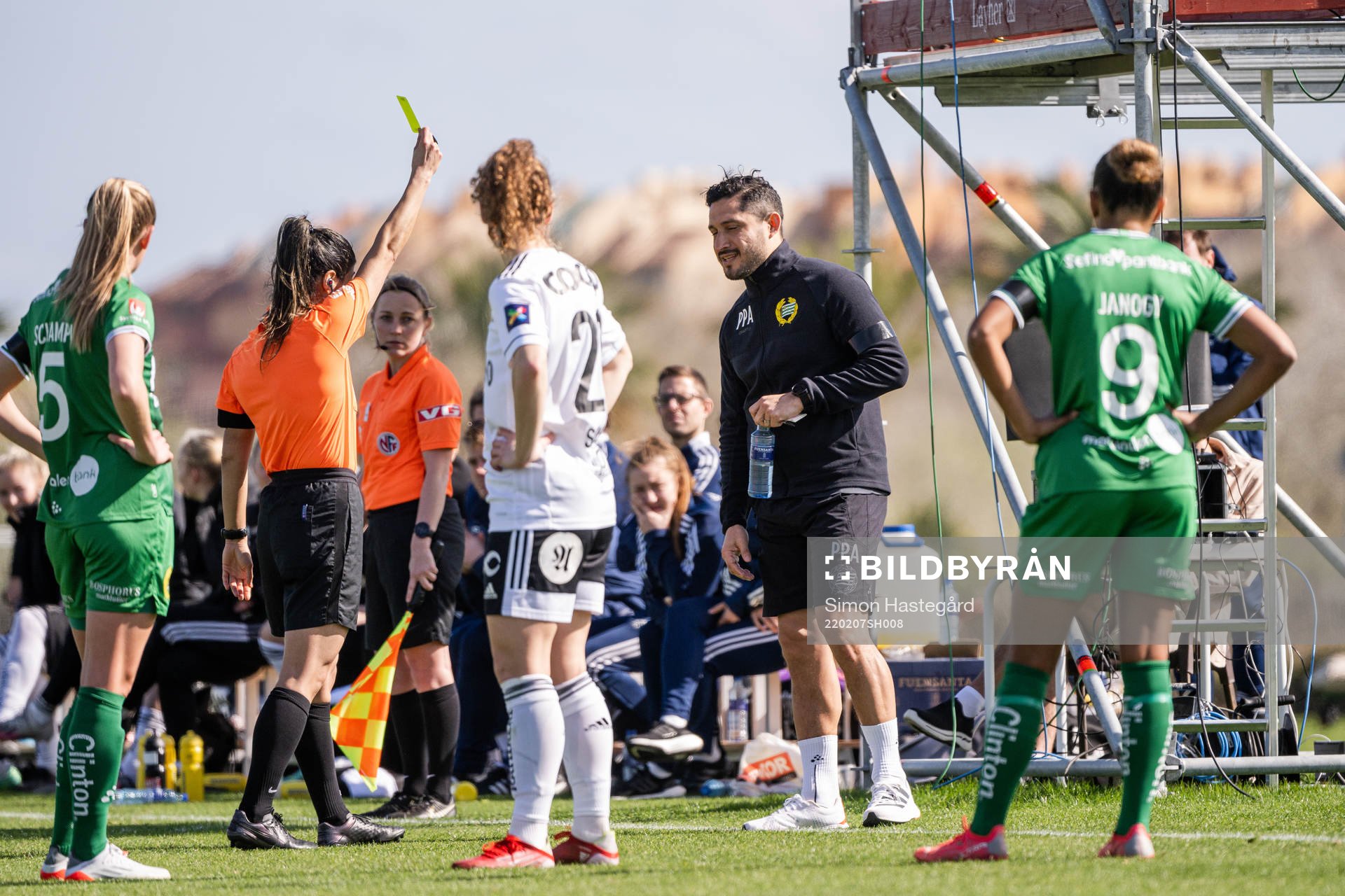 Head coach Pablo Pinones-Arce of Hammarby receives a yellow