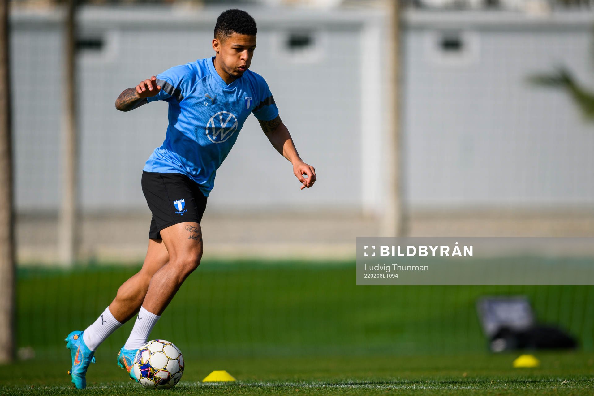 Romain Gall under en fotbollsträning med Malmö FF den 8 februari 2022 i Marbella. 