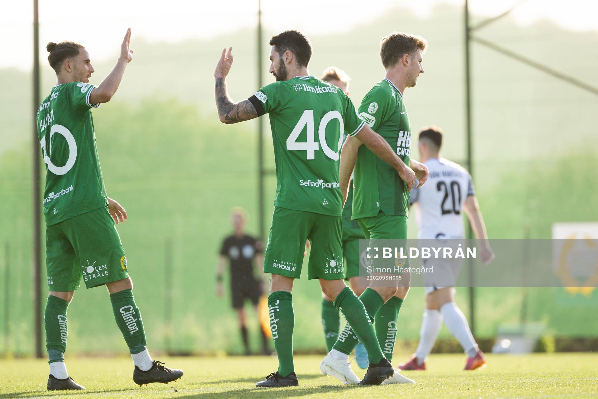 Aziz Harabi, Nahir Besara and Joel Nilsson of Hammarby celebrate the 3-0 goal during the Friendly match between Hammarby and Velez on February 9, 2022 in Marbella.