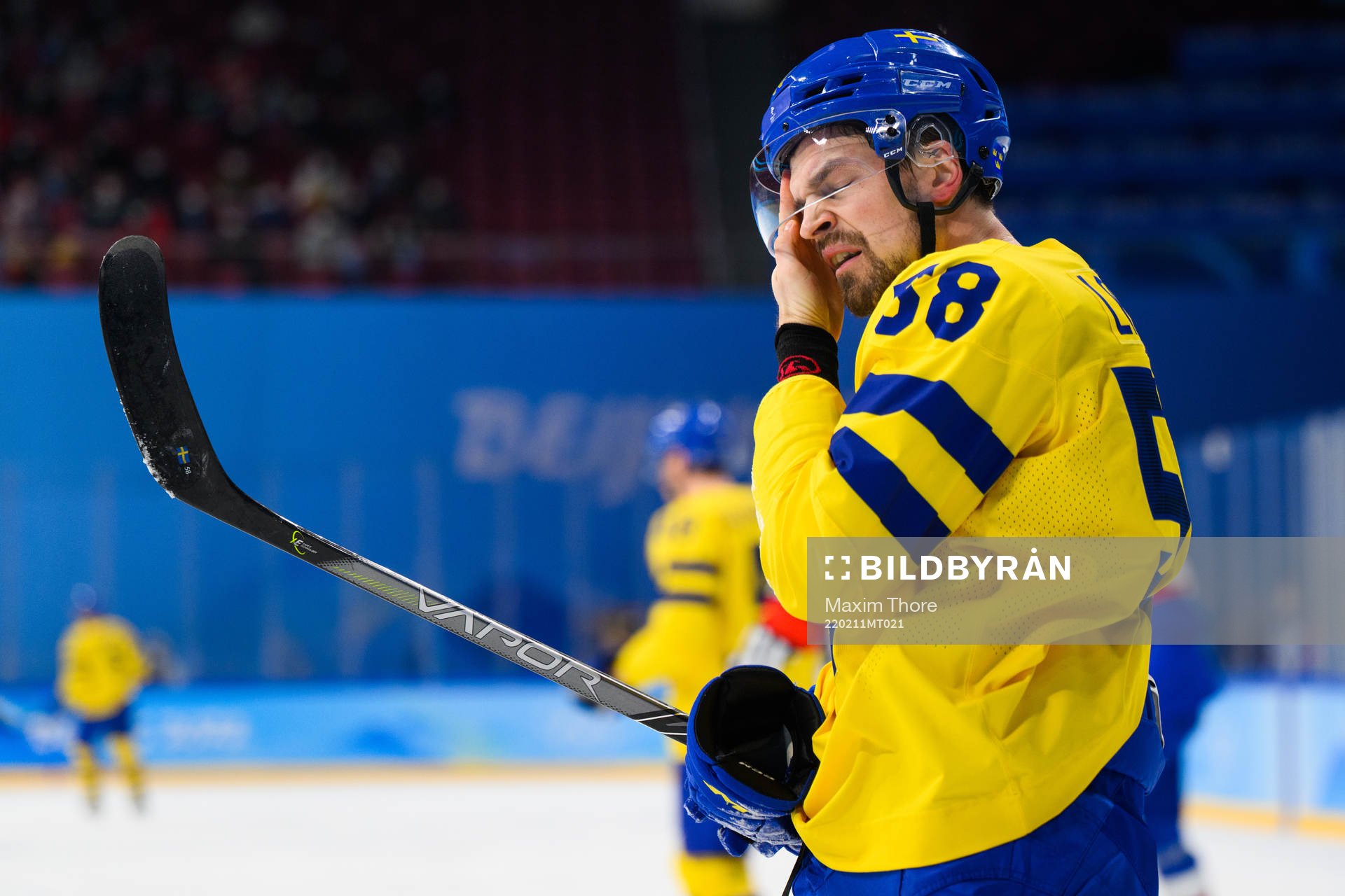 Anton Lander of Sweden looks dejected in an ice hockey