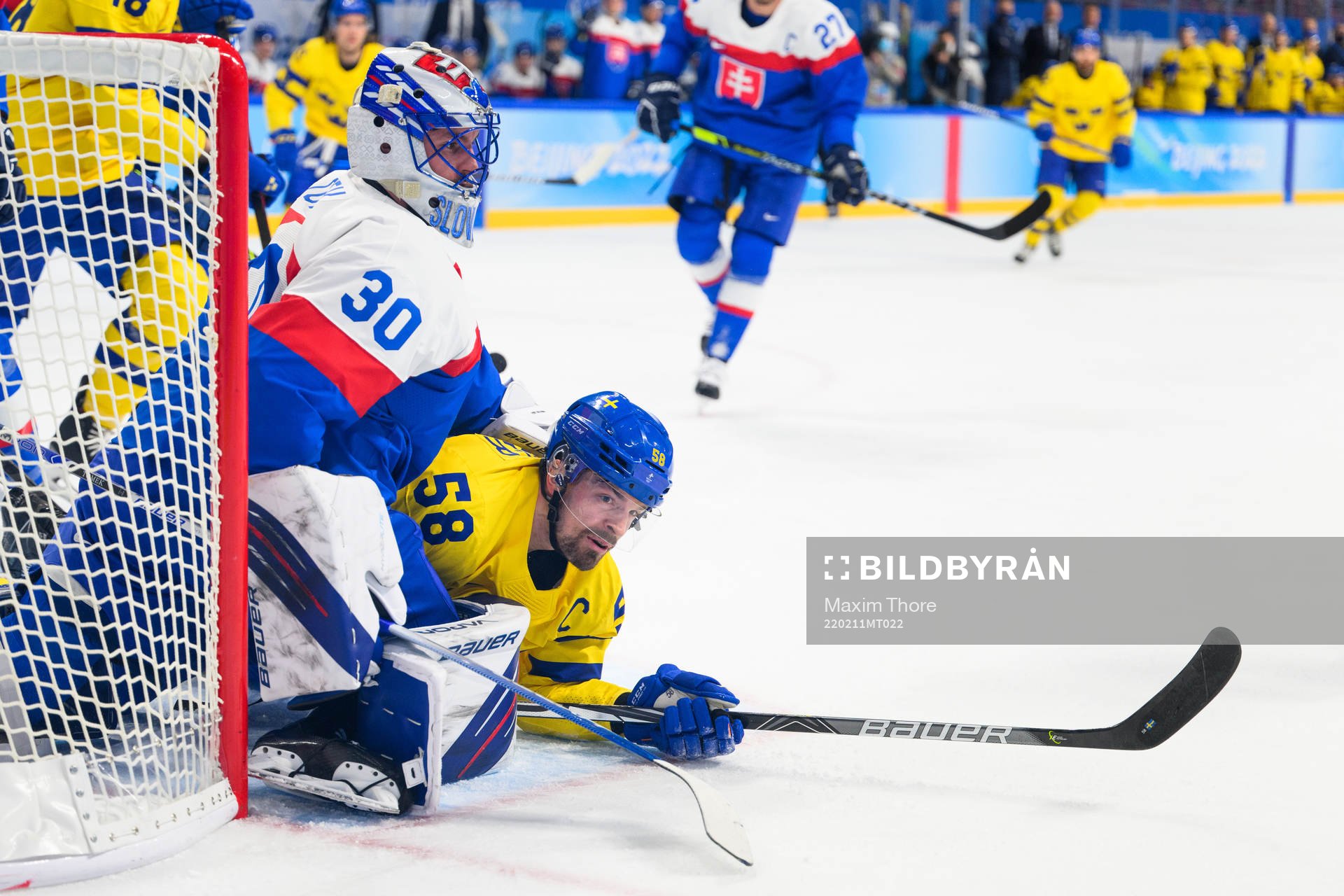 Goaltender Matej Tomek of Slovakia and Anton Lander of