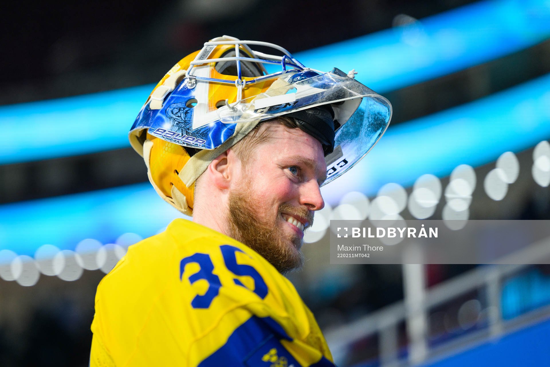 Goaltender Magnus Hellberg of Sweden celebrates