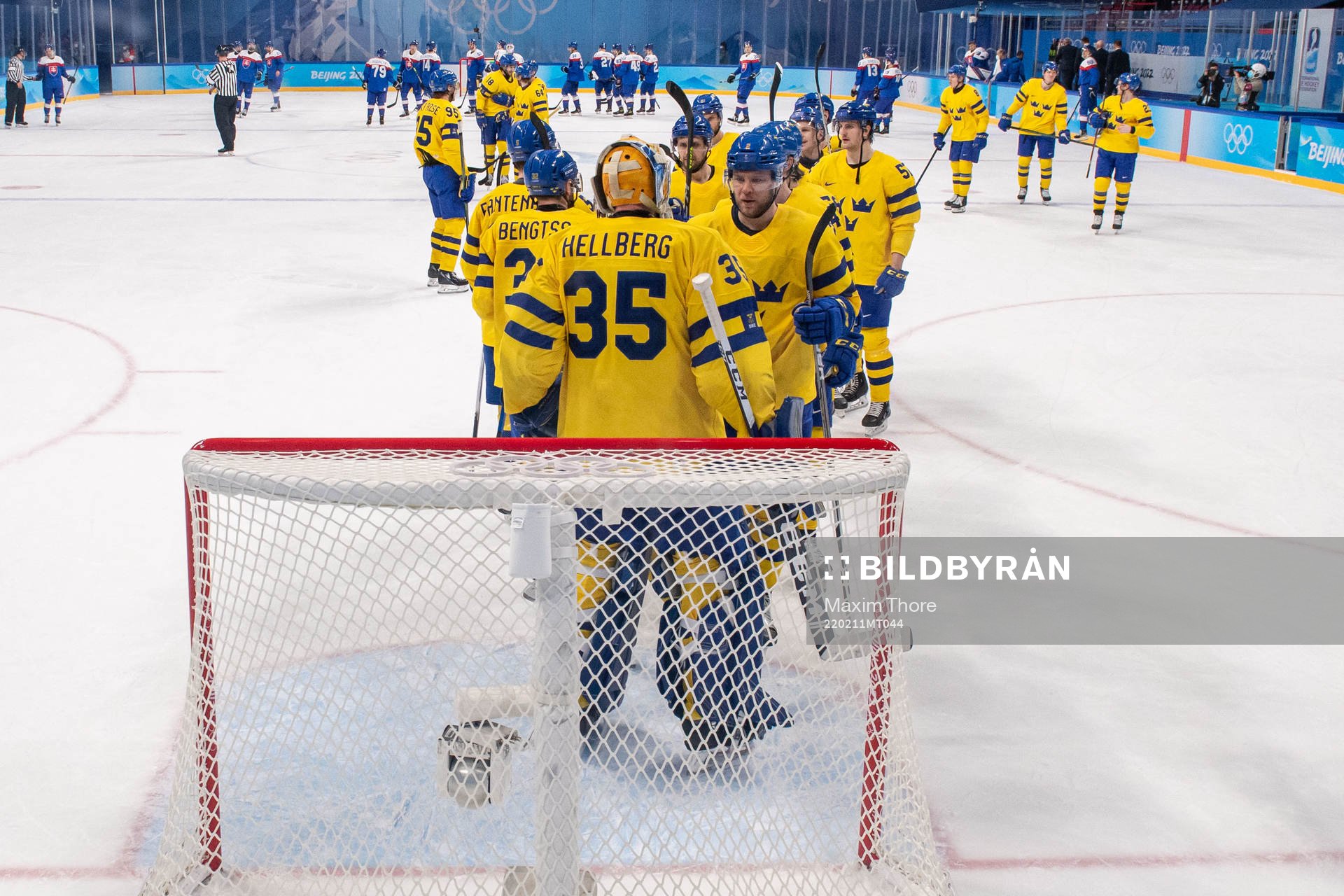 goaltender Magnus Hellberg of Sweden celebrate with