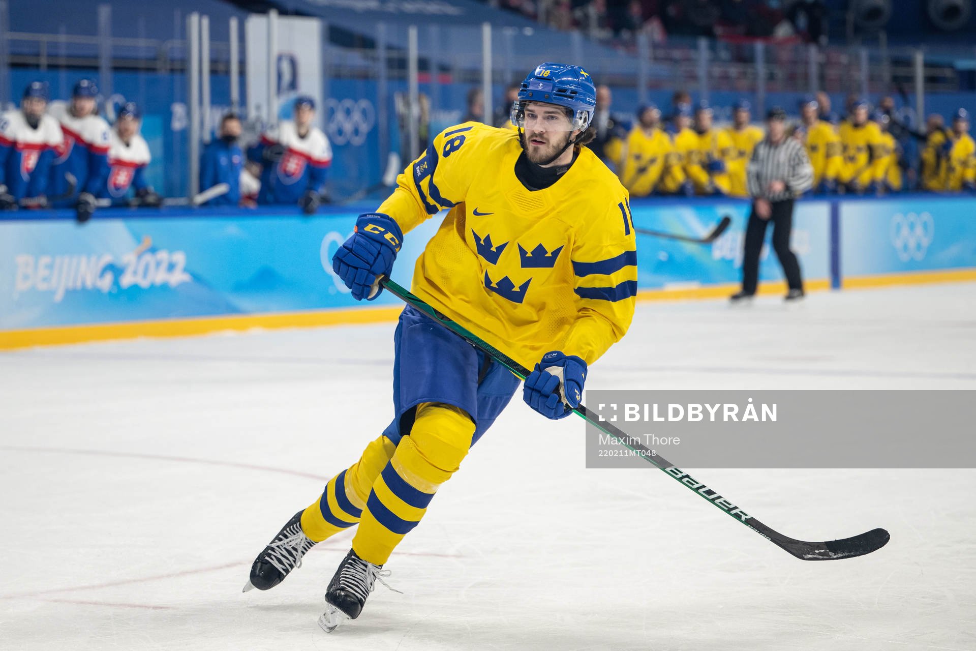 Dennis Everberg of Sweden in an ice hockey preliminary