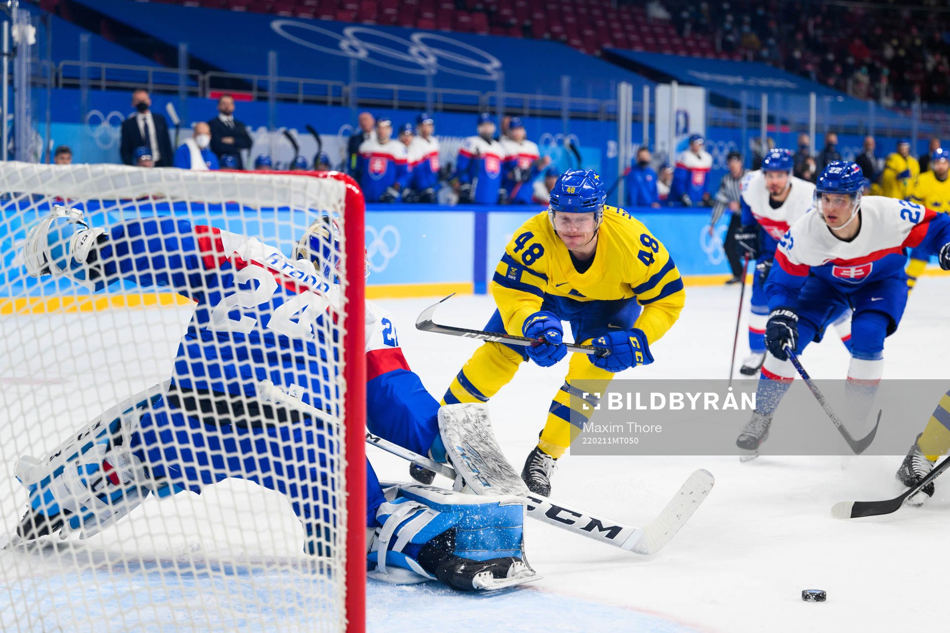 Goaltender Patrik Rybar of Slovakia and Carl Klingberg of