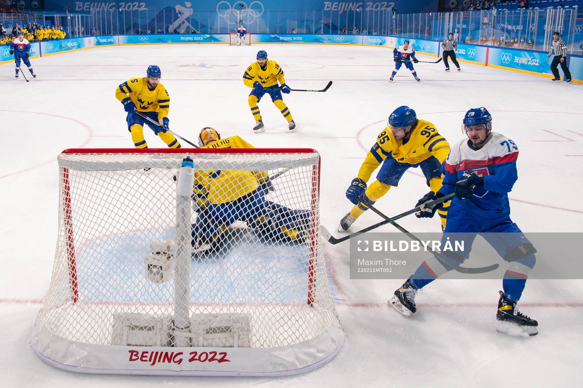 Goaltender Magnus Hellberg and Jacob de la Rose of Sweden